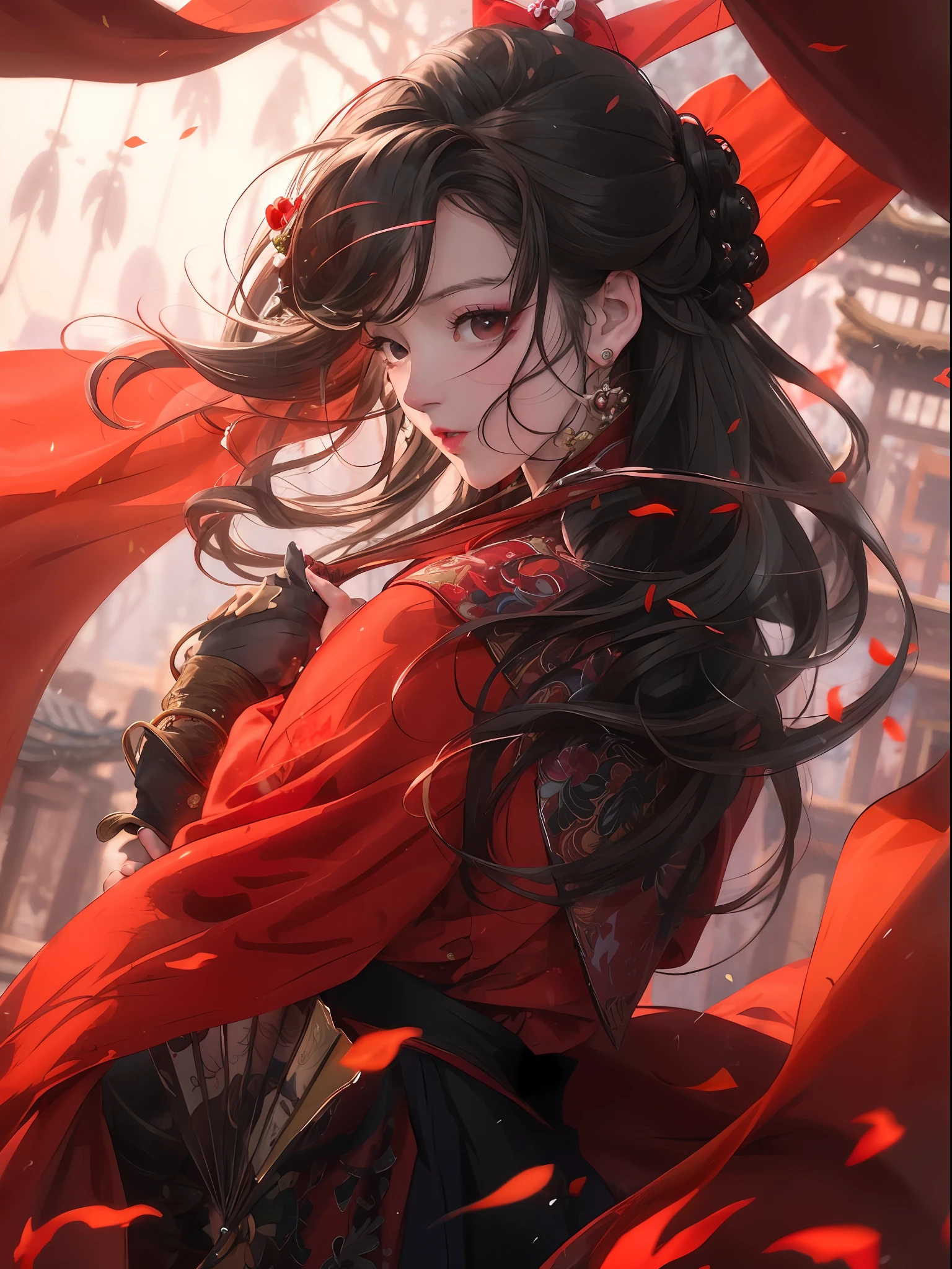 a woman in a red dress holding a fan in her hand, by Yang J, palace , a girl in hanfu, guweiz, flowing hair and long robes, beautiful character painting, alice x. zhang, artgerm and atey ghailan, keqing from genshin impact, artwork in the style of guweiz, inspired by Du Qiong