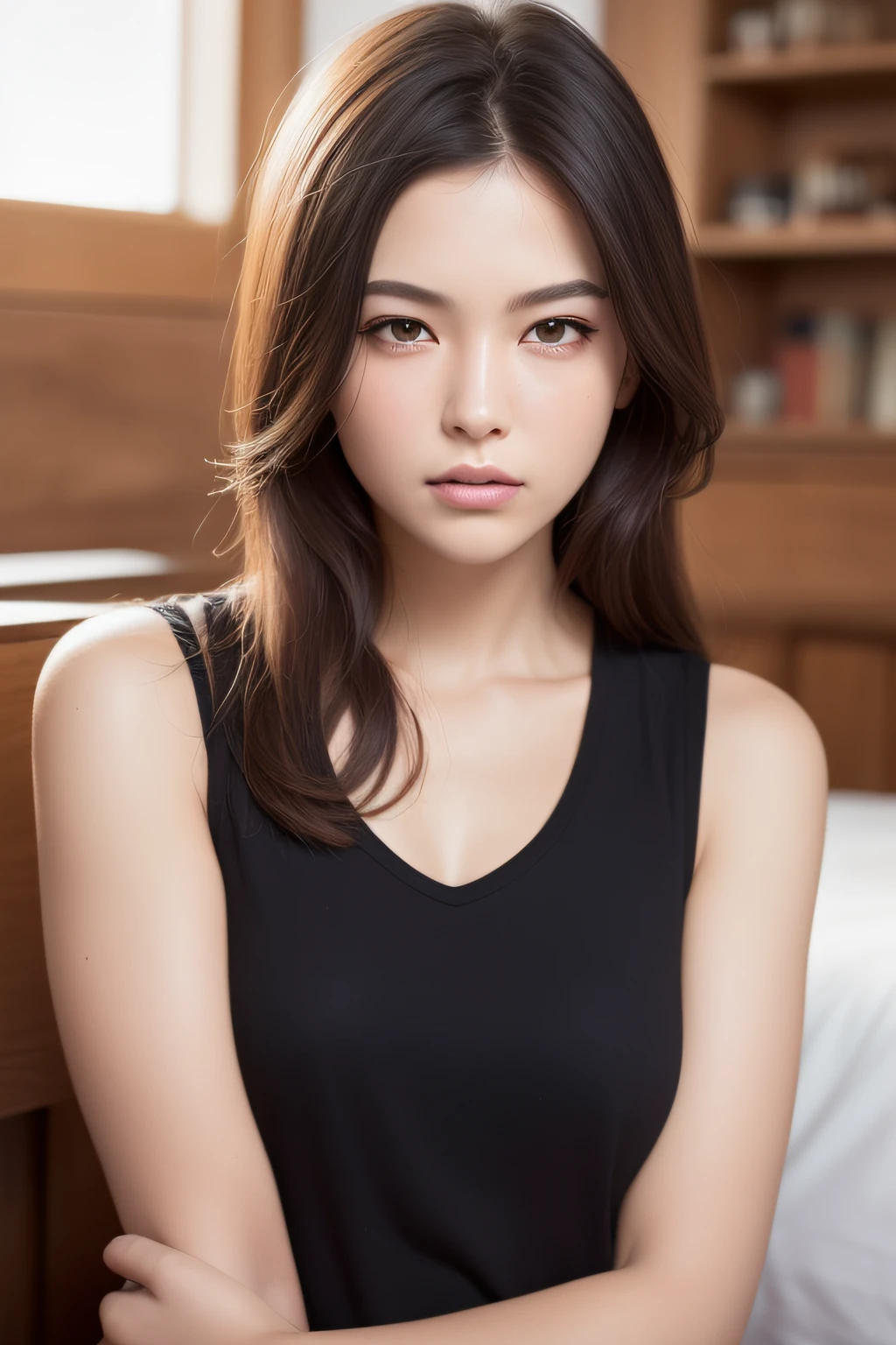 (Realistic photo: 1.4), (Hyper Real: 1.4), (Real: 1.3), (Soft lighting: 1.05), (Increase the quality of lighting in the movie: 0.9), 32K, 1 girl's arms lowered, (from head to waist), Frontal, Realistic lighting, Face light, Ray Trace, (Bright light: 1.2), (Improved quality: 1.4), (Skin with better quality authentic texture: 1.4), wearing white short sleeve shirt, black tie, fine eyes, fine face, fine quality eyes, (joy, flushed), (tired and sleepy and satisfied), face close-up, (body line mood raise: 1.1), (enhance skin texture beauty: 1.1)