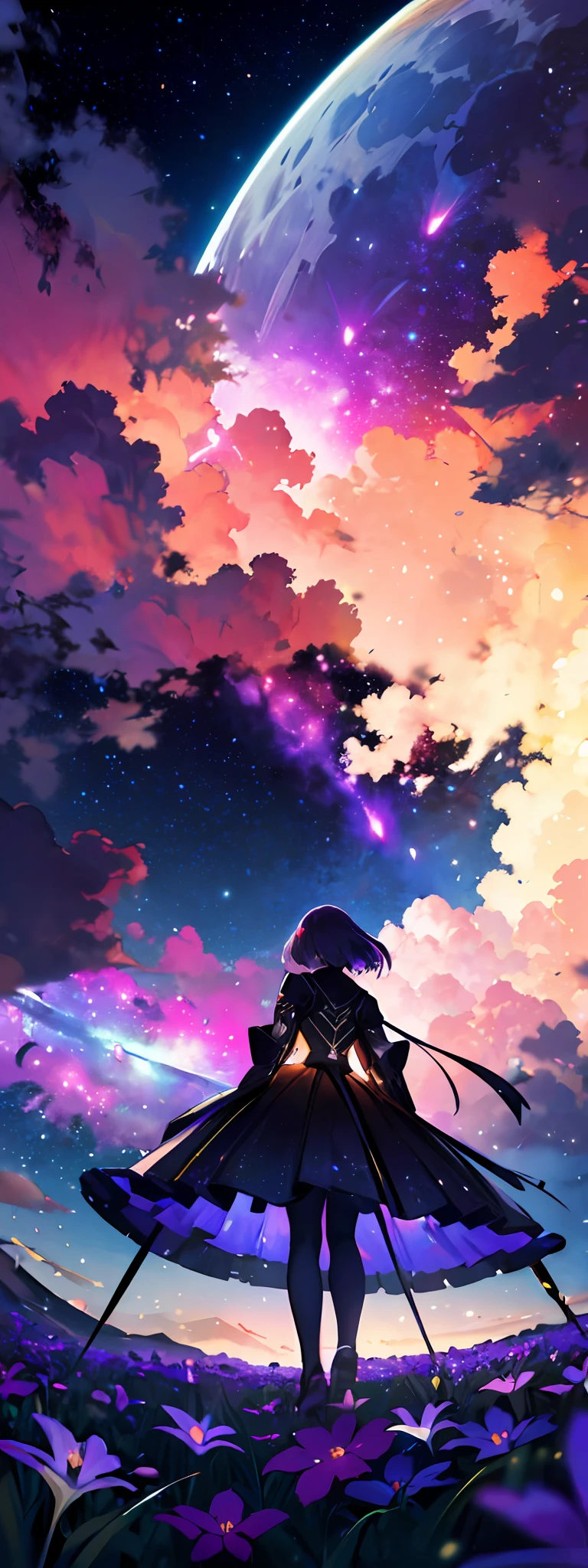 expansive landscape photograph , (a view from below that shows sky above and open field below), a girl standing on flower field looking up, (full moon:1.2), ( shooting stars:0.9), (nebula:1.3), distant mountain, tree BREAK
production art, (warm light source:1.2), (Firefly:1.2), lamp, lot of purple and orange, intricate details, volumetric lighting BREAK
(masterpiece:1.2), (best quality), 4k, ultra-detailed, (dynamic composition:1.4), highly detailed, colorful details,( iridescent colors:1.2), (glowing lighting, atmospheric lighting), dreamy, magical, (solo:1.2)