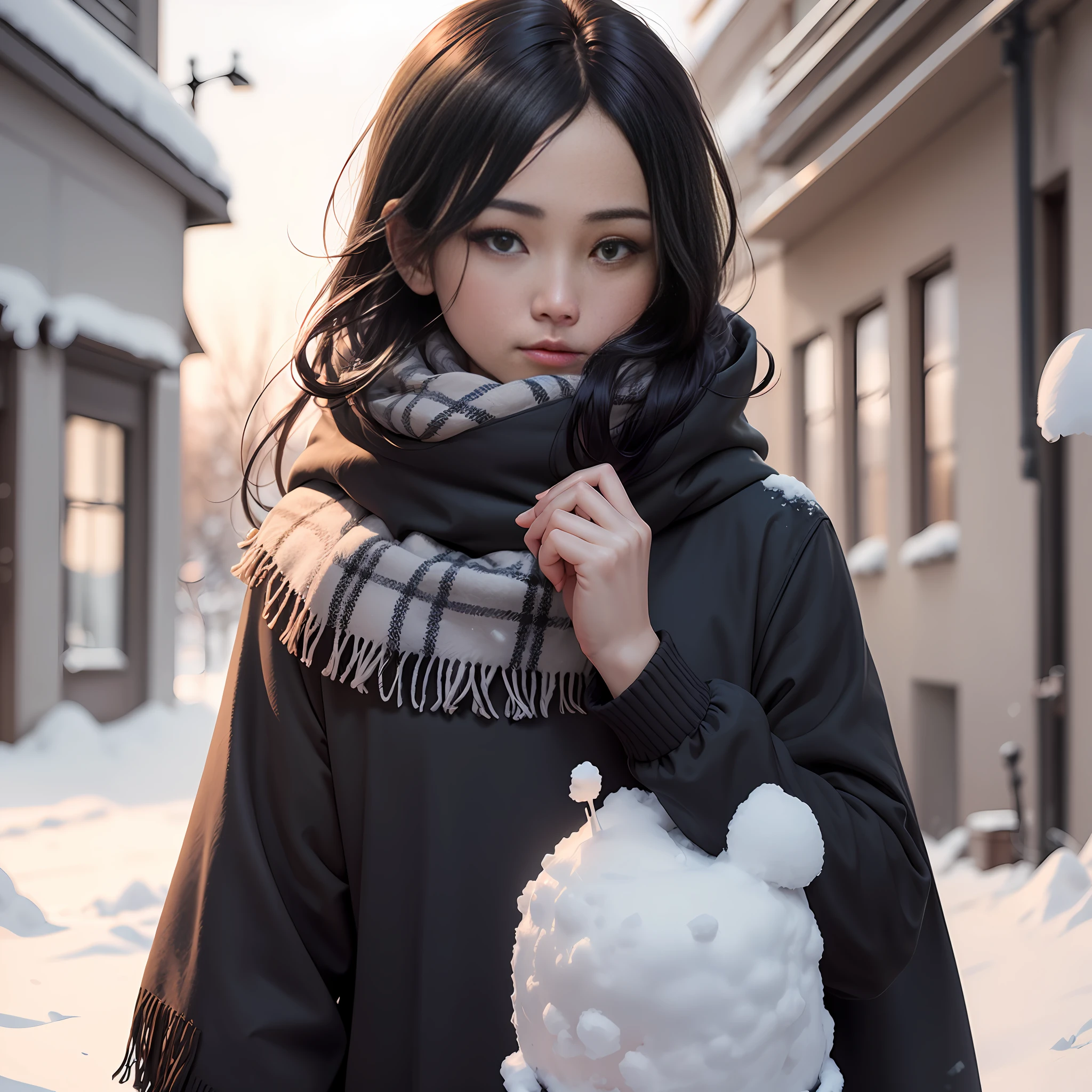 A man with black hair, black clothes, black scarf, black hoodie and black and white background, (1girl:0.872), (black hair:0.758), (blurry:0.926), (blurry background:0.703) , (brown eyes: 0.562), (Depth of Field: 0.625), (Long Hair: 0.855), (Outdoor: 0.541), (Scarf: 0.989), (Snow: 0.925), (Single: 0.886), (Upper Body: 0.683) --auto