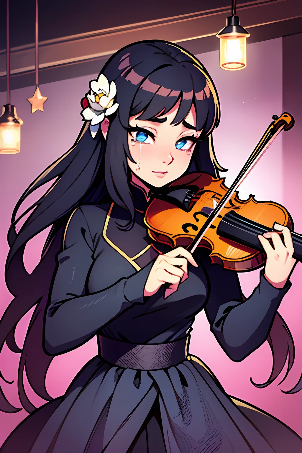 high resolution, professional lighting, a woman in a black dress playing a violin, cute detailed digital art, by Lü Ji, digital art 4k, charli bowater and artgeem, beautiful young asian woman, beautiful comic art, jason engle, chinese heritage, beautiful crying! android woman, dribbble, tomas kinkade, the soul creates, 2d cg, masterpiece, best quality
