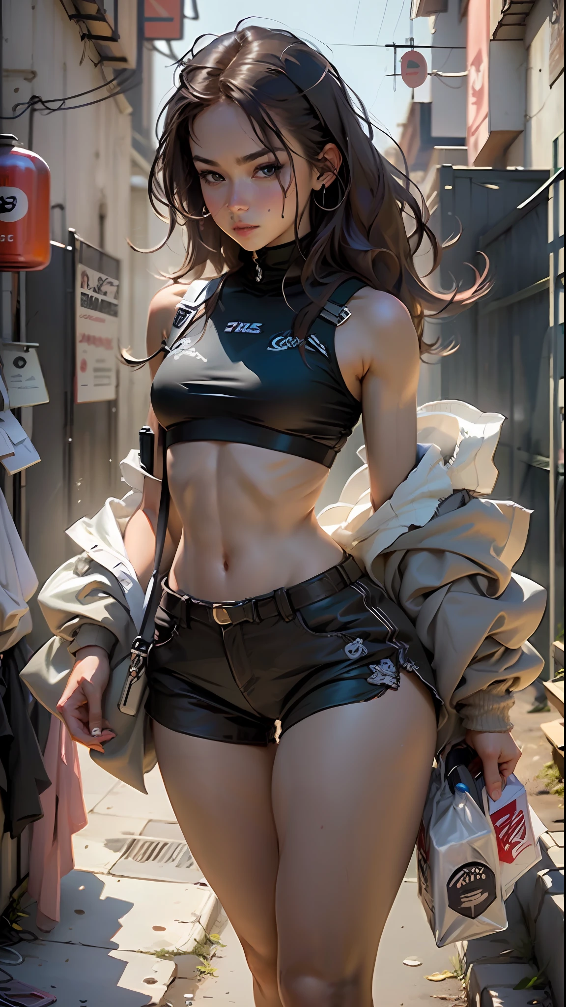 Defined female body, thick thighs, cybernetic body parts, black shorts, black training bra, case eyes, long brown brown hair,