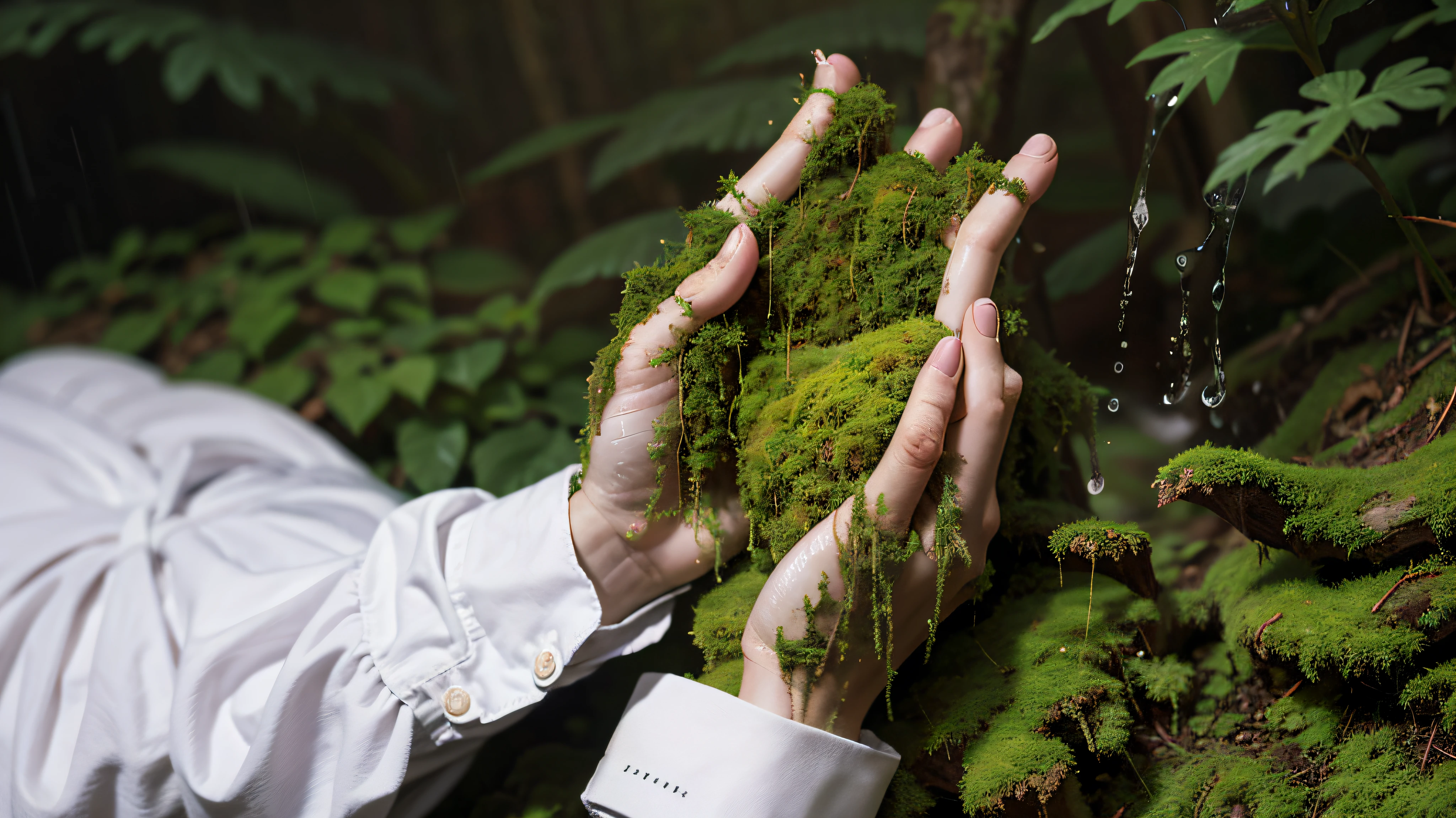 the hands is covered with a lot of moss, the background of the forest, the rain