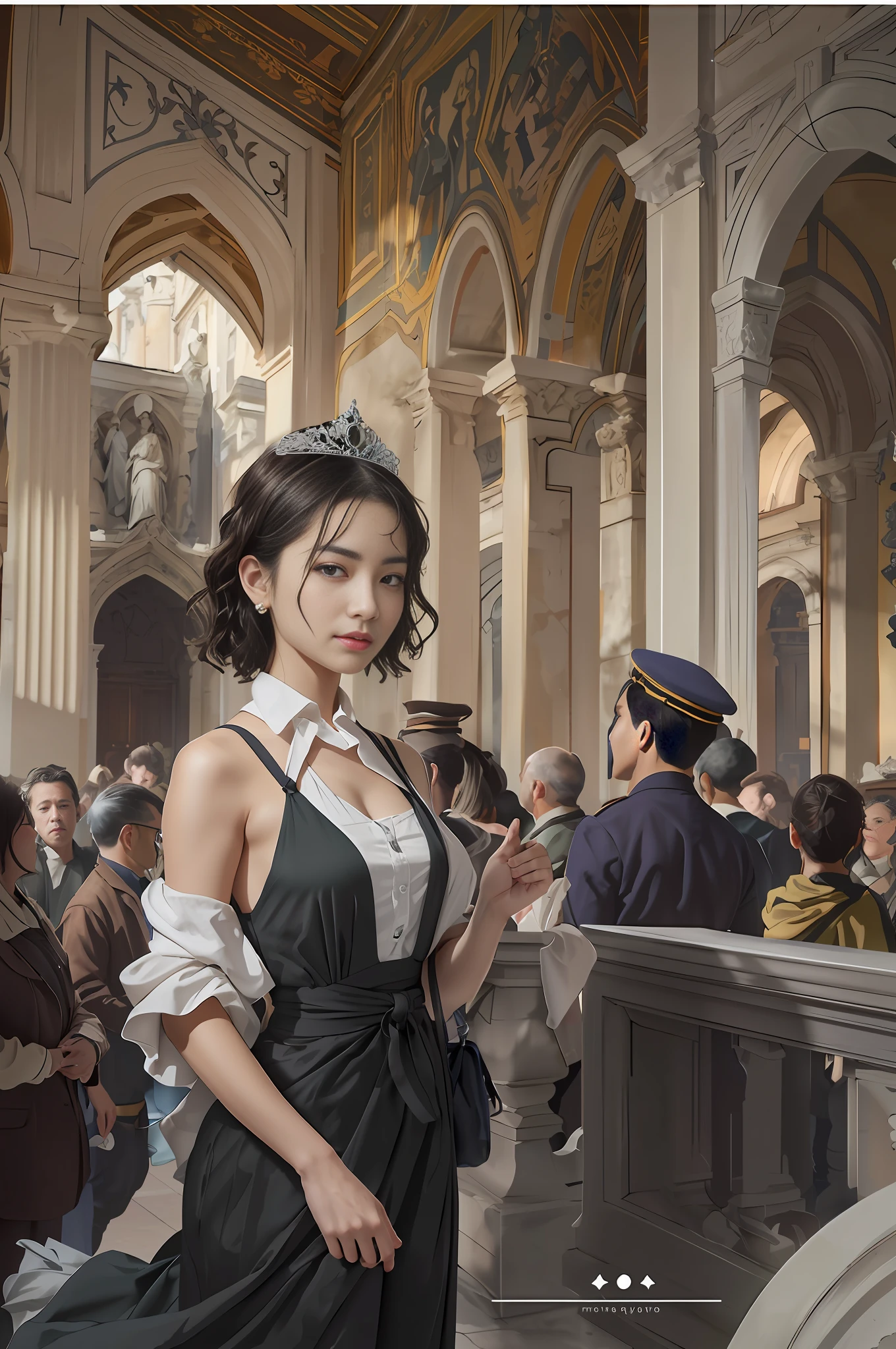Model shooting style, (extremely detailed CG Unity 8k wallpaper), full-shot body photo of the most beautiful artwork in the world, stunning beautiful photo realistic available, super realistic super detailed photo, a beautiful girl as a female dancer entering the Loggia dei Lanzi of Florence,complex dress, banquet, crowd, [slight smile], (Sculpture of Hercules background), (princess eyes, shining pupils), detailed symmetrical beautiful hazel eyes, detailed gorgeous face, highly detailed, Vibrant, professional majestic oil painting by Ed Blinkey, Atey Ghailan, Studio Ghibli, Jeremy Mann, Greg Manchess, Antonio Moro, ArtStation Trends, CGSociety Trends, Complex, High Detail, Sharp Focus, Dramatic, Realistic Painting Art, by Midjourney and Greg Written by Rutkowski