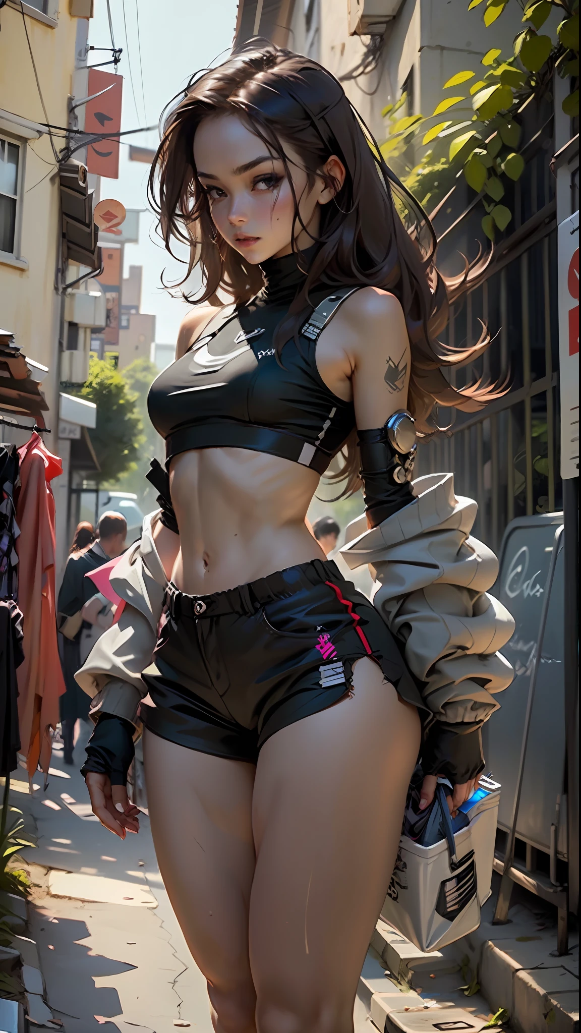 Defined female body, thick thighs, cybernetic body parts, black shorts, black training bra, case eyes, long brown brown hair,