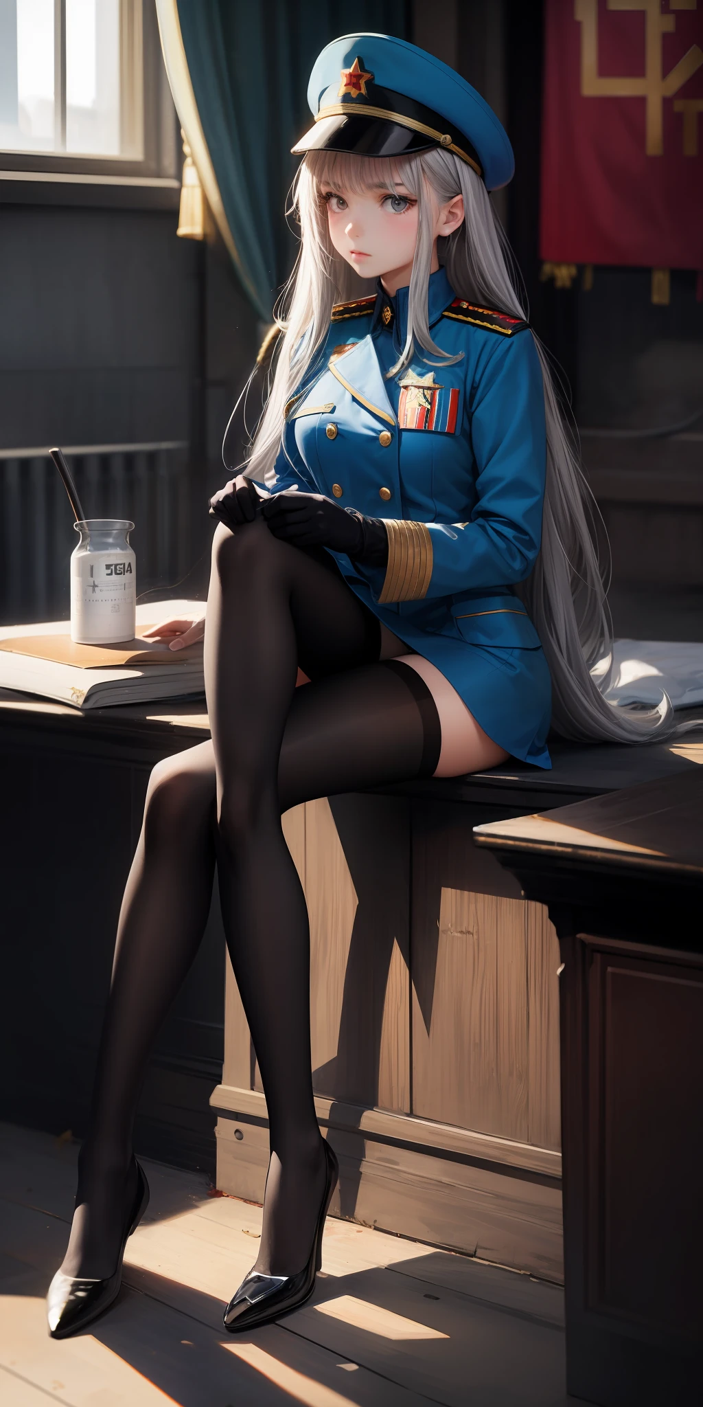 Girl, long gray hair, gray eyes, Soviet KGB uniform, ( ( ( poor milk ) ) ), Soviet Union, ((( (USSR)), girl, black stockings