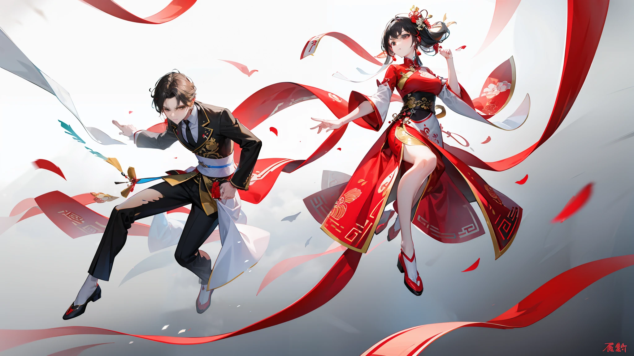 A woman in a traditional red Chinese wedding dress wrapped a red ribbon around a man wearing black and flew backwards