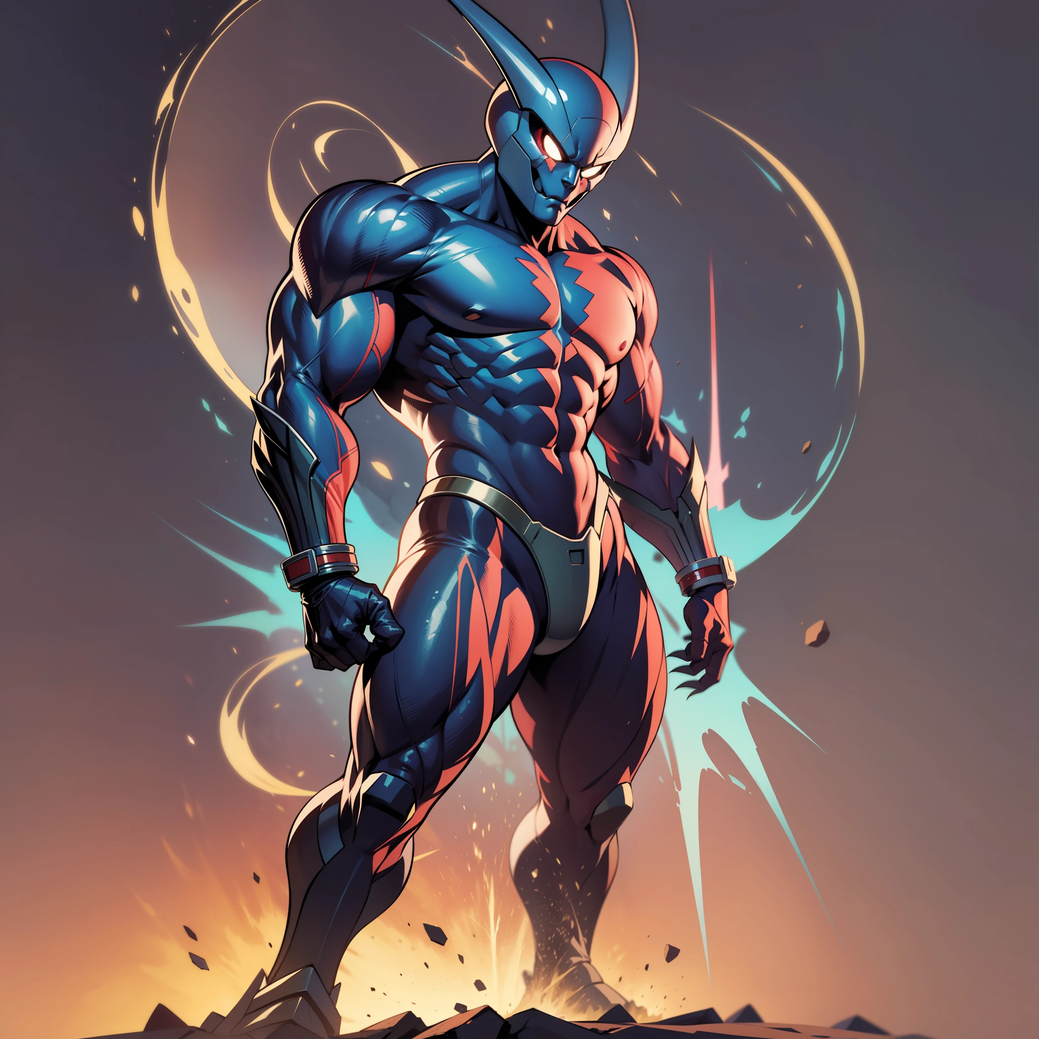 cartoon alien with an unusually muscular body, claws and a red body, celshade, guyver style,