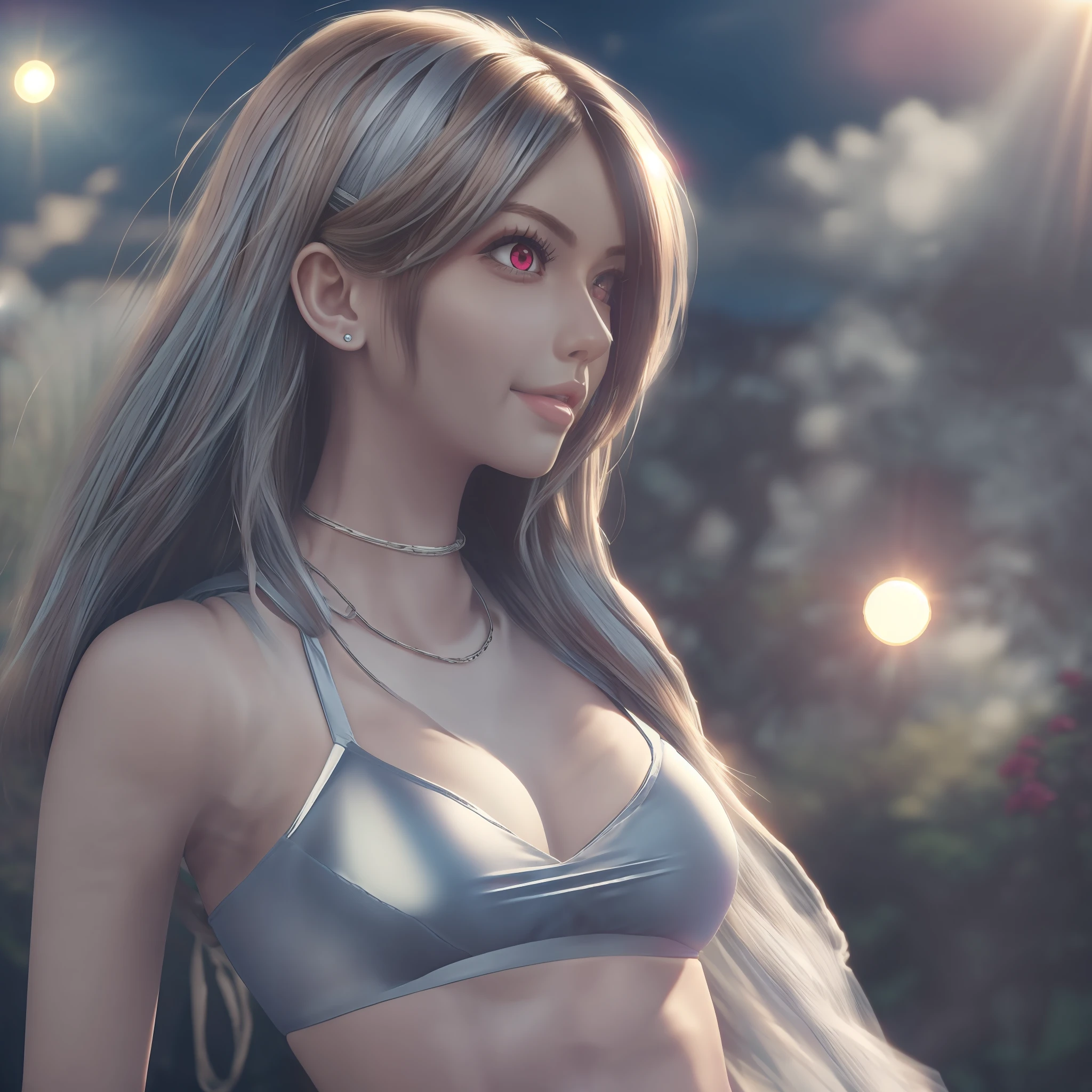 Realistic, Girl Single, Silver Hair, Red Eyes, Glowing Eyes, Crop Top, Mini Skirt, Panty Shot, Big, Parted Lips, Piercing, Sexy, Blushing, Night, Flower, Sun, Daylight, Life Size