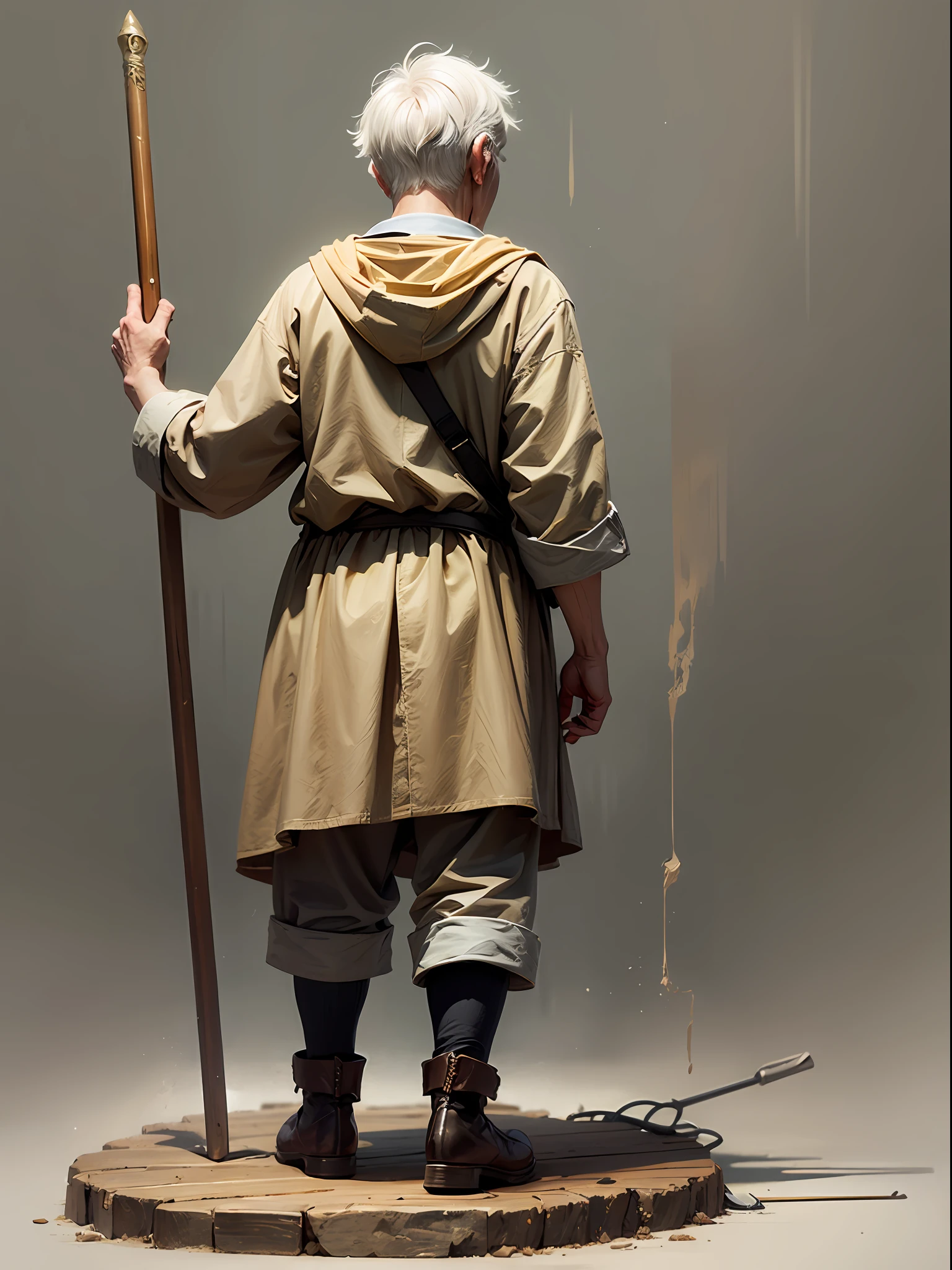 Noah, old man, biblical, staff in hand, rear view, blank background