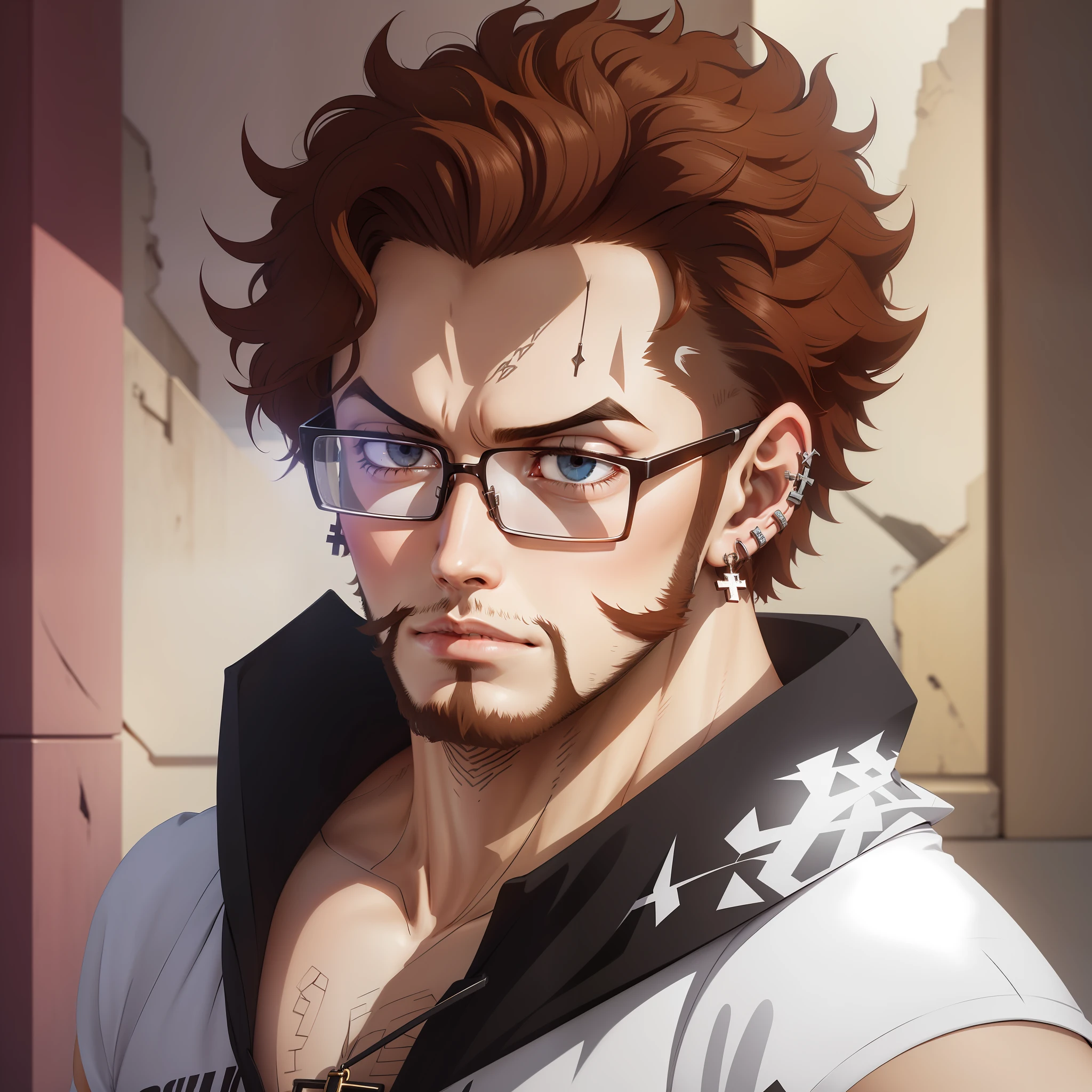 Young adult male, age 25-30 years, white ethnicity, curly hair 3b, light brown/redhead, wayfarer glasses, piercing and cross earring on left ear, broad black-like nose, short and thin beard