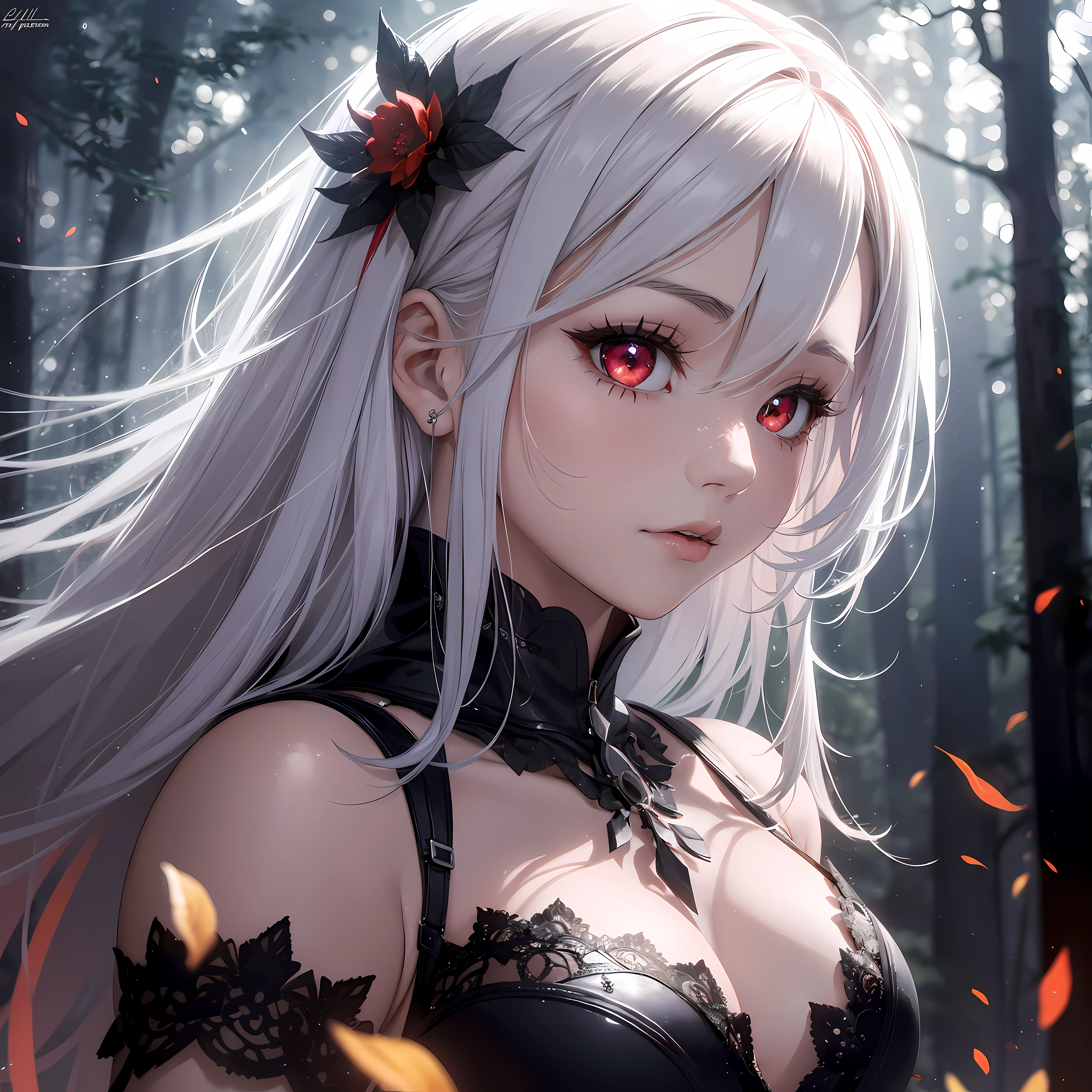 "1 girl with fiery red eyes, white hair, adorned in dark and mysterious clothing, standing at the edge of a misty, dense forest at night, with the moon illuminating her face with a sinister glow."), film grain, flower, backlighting, reflection light, rays of god, blurred, cinematic lighting, motion blur, masterpiece, best quality, masterpiece,  super detail, high quality, best quality, 16k, HD, high details, detailed eyes, eye sparkles