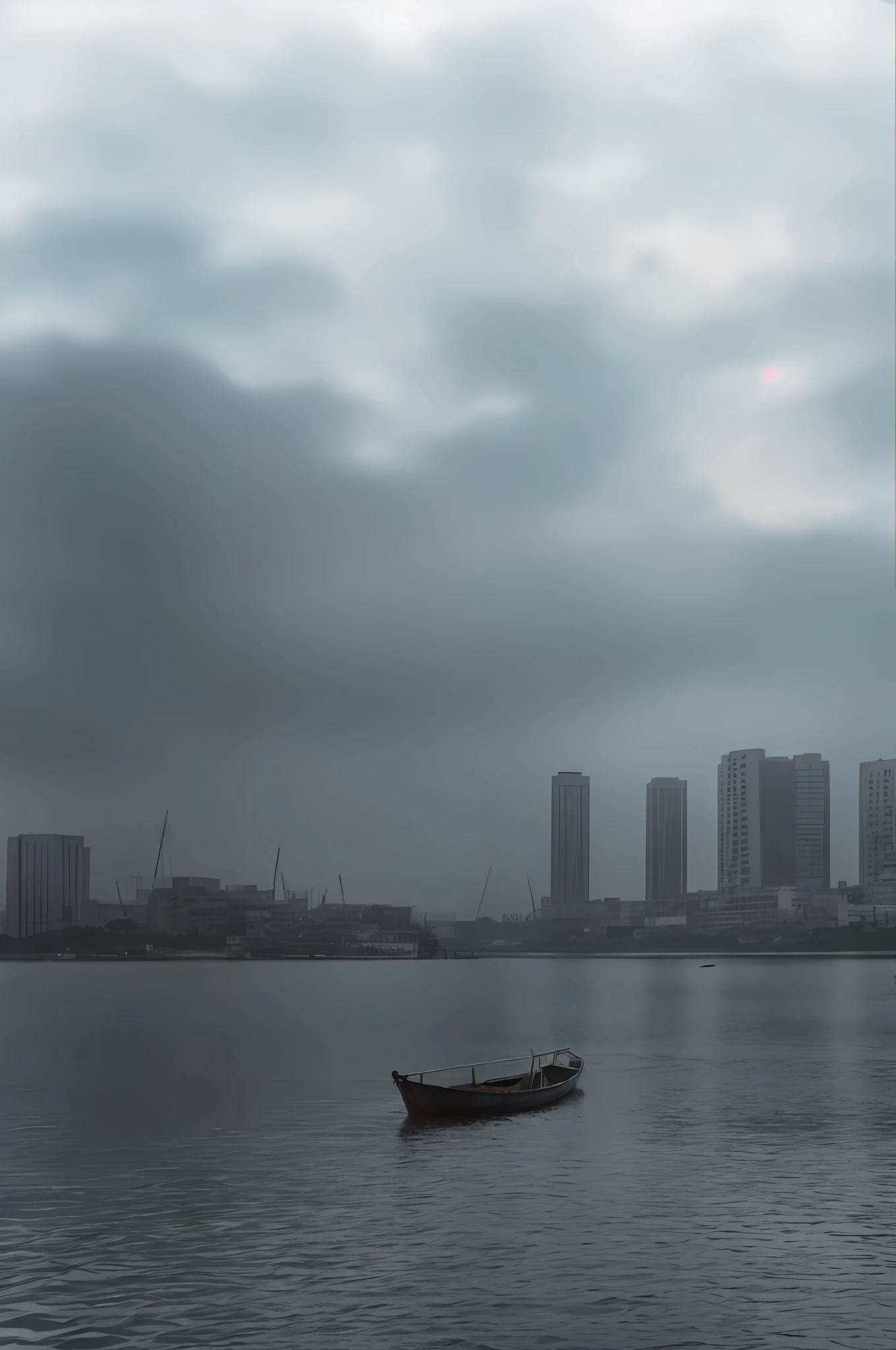 there is a small boat floating in the water with a city in the background, serene overcast atmosphere, visible sky and humid atmosphere, under a gray foggy sky, taken with canon 5d mk4, inspired by Zhang Kechun, dark overcast weather, taken with sony a7r camera, gloomy foggy atmosphere, taken with canon eos 5 d mark iv, slight overcast weather