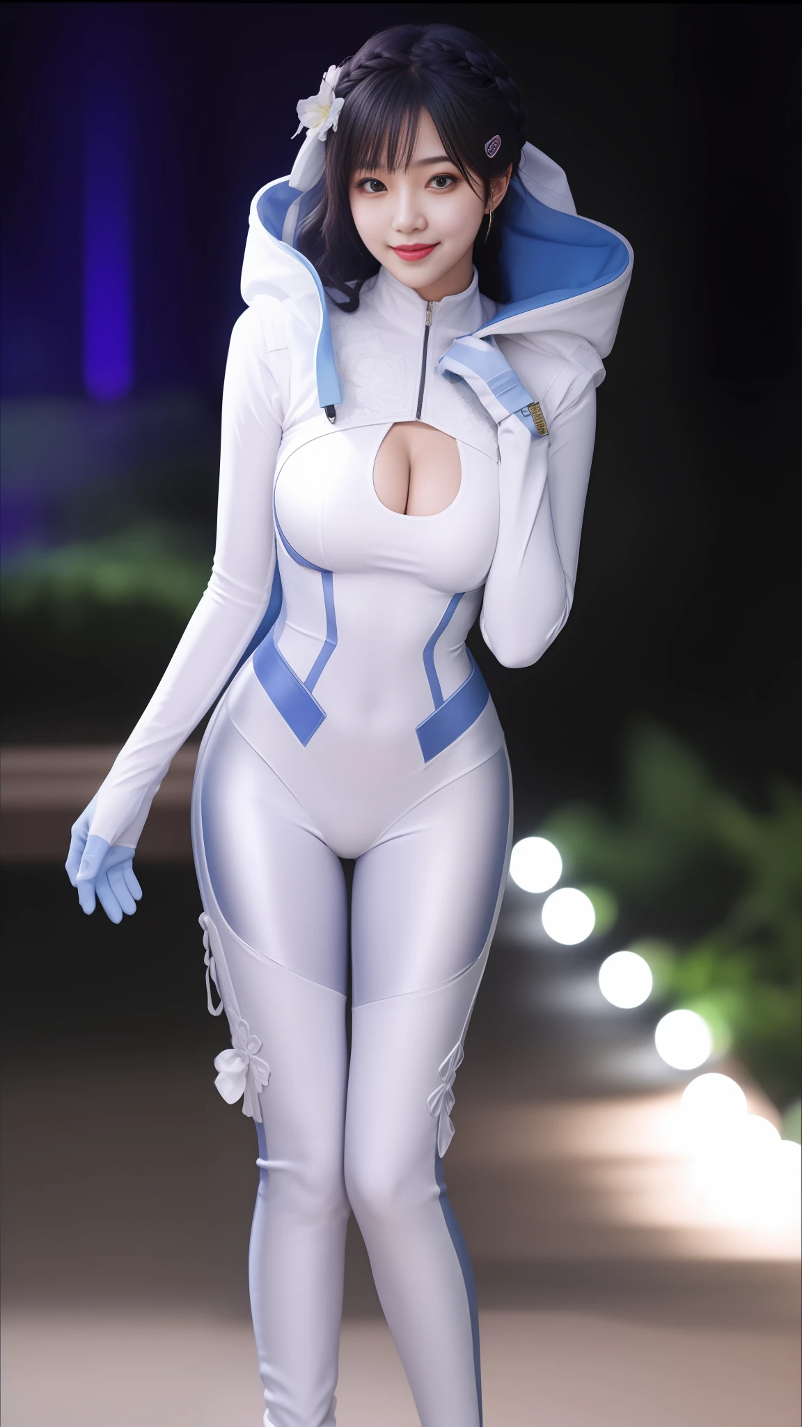 A beautiful girl, Idol k-pop face, cute face, braid hair, intricate face details, detailed face, golden ratio face, super big breasts, big butt, big hip, big thighs, iricate hands, intricate feets, full body, 64K, UHD, HDR, global illumination, high quality, high detailed, hyper detailed, extremely detailed, photo realistic, ultra realistic, art photo, clarify the details, detailed parts body, intricate artwork masterpiece, trending on artstation, wearing bodysuit, tight clothes, light smile, night garden background