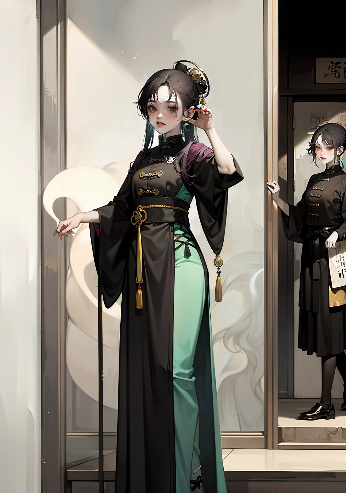 Close-up of three girls in different costumes, grunge style, grunge aesthetics, !!!, grunge aesthetics!!! (, sexy gloomy style, junk aesthetic, Y2K style, y 2 k style, punk style, this set style, gothic style, retro aesthetic, 90s style, retro look, standing, kung fu, martial arts, hanfu, ancient costume, hero, chinese style, cyan hanfu, long sword, earrings, chinese knot, pose special, bridge, ghost horse girl, clever, hairpin, long hair, coiled hair