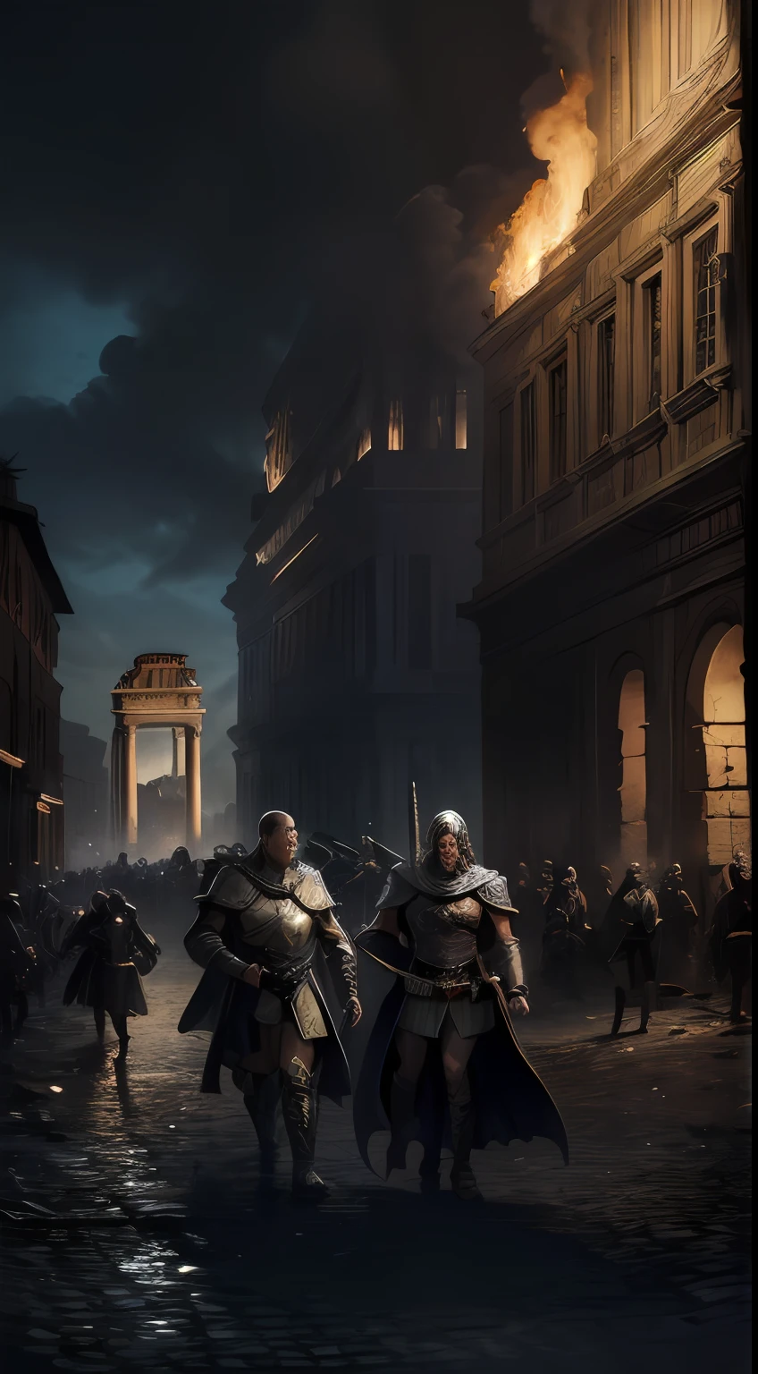 (masterpiece, UHD, illustration, detailed:1.3), King Alaric I, stoic and powerful, (intricately decorated armor:1.2), leading his Visigoth warriors, fierce and determined, (ancient city of Rome as backdrop:1.4), crumbling architecture, Roman ruins, smoke and destruction, chaos of battle, intense atmosphere, dark and ominous skies, warm colors contrasting with cool tones, detailed textures, diagonal shot, looking at viewer, mid-action.