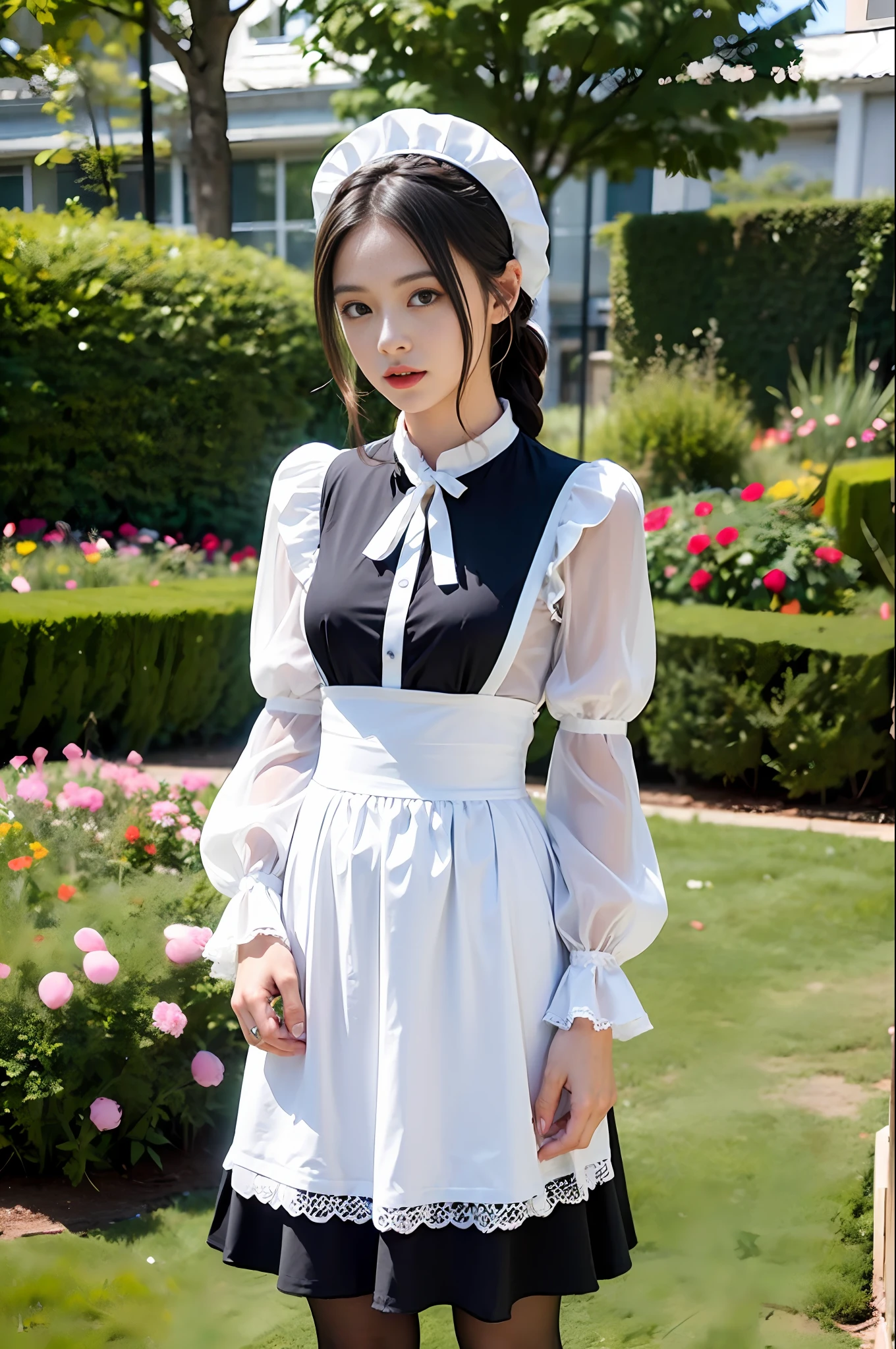 Top quality, masterpiece, ultra high resolution, (photorealism: 1.4), raw photo, 1 girl, British maid, ruffled maid headband, ponytail, braided hair, ruffled blouse, black apron dress, long skirt, puffed sleeves, white silk socks, black strap shoes, flower garden, glowing skin, polite standing with straight legs