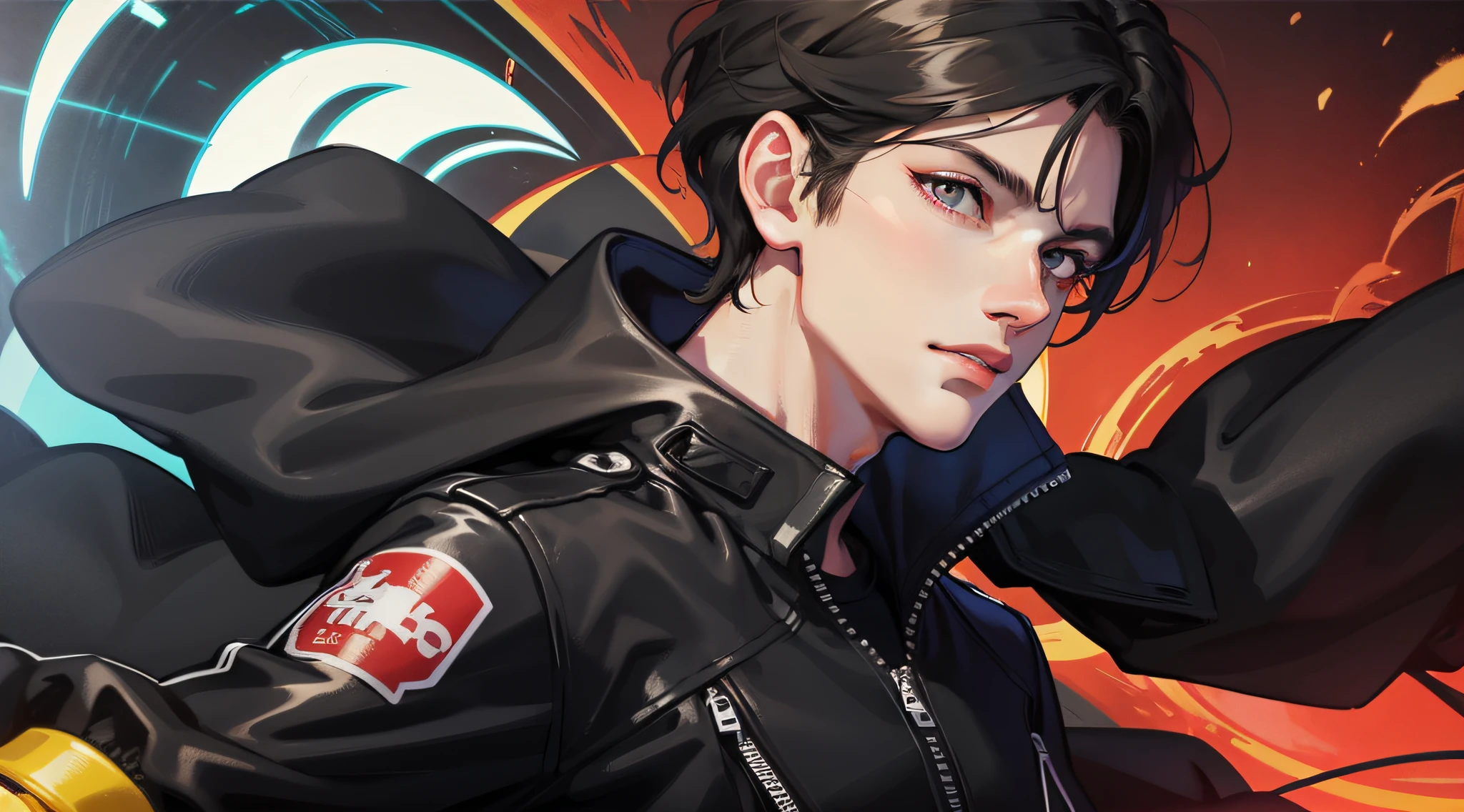 A young man with upper body, front face, short black hair, black storm jacket