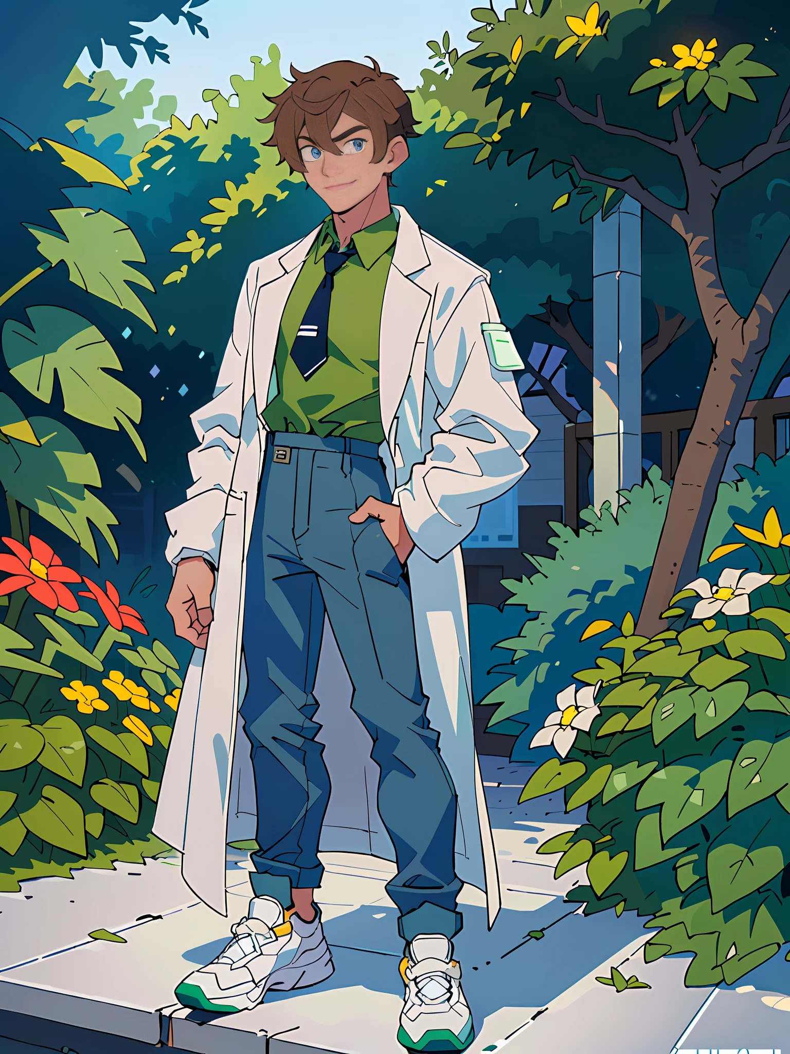 Fine, (Best Illustration), Intricate Detail, Best Quality, Ultra Detailed, Best Lighting, Best Shadow, Ultra HD, (((Handsome Young Man))), (((Handsome Young Man))), (Smile, Shut Up), (((age: 1.5))), (Glowing Dark Blue Eyes), ((Eyes with Light)), White Skin, (((Short Brown Hair: 1.1))), (Hair Between Eyes), ((White Clothes)), (Dark Blue Tie)\\, \\ ((Green Shirt))\\,\\ ((wearing a high-detail white lab coat)))\,\\((dark blue trousers))\\,\\(white shoes)\\ intricate details, (standing), small garden sidewalk, industrial photography