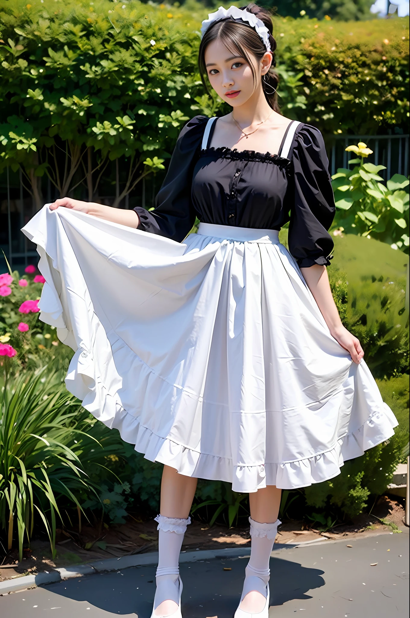 Top quality, masterpiece, ultra high resolution, (photorealism: 1.4), raw photo, 1 girl, British maid, ruffled maid headband, ponytail, braided hair, ruffled blouse, black apron dress, long skirt, puffed sleeves, white silk socks, black strap shoes, flower garden, glowing skin, polite standing with straight legs