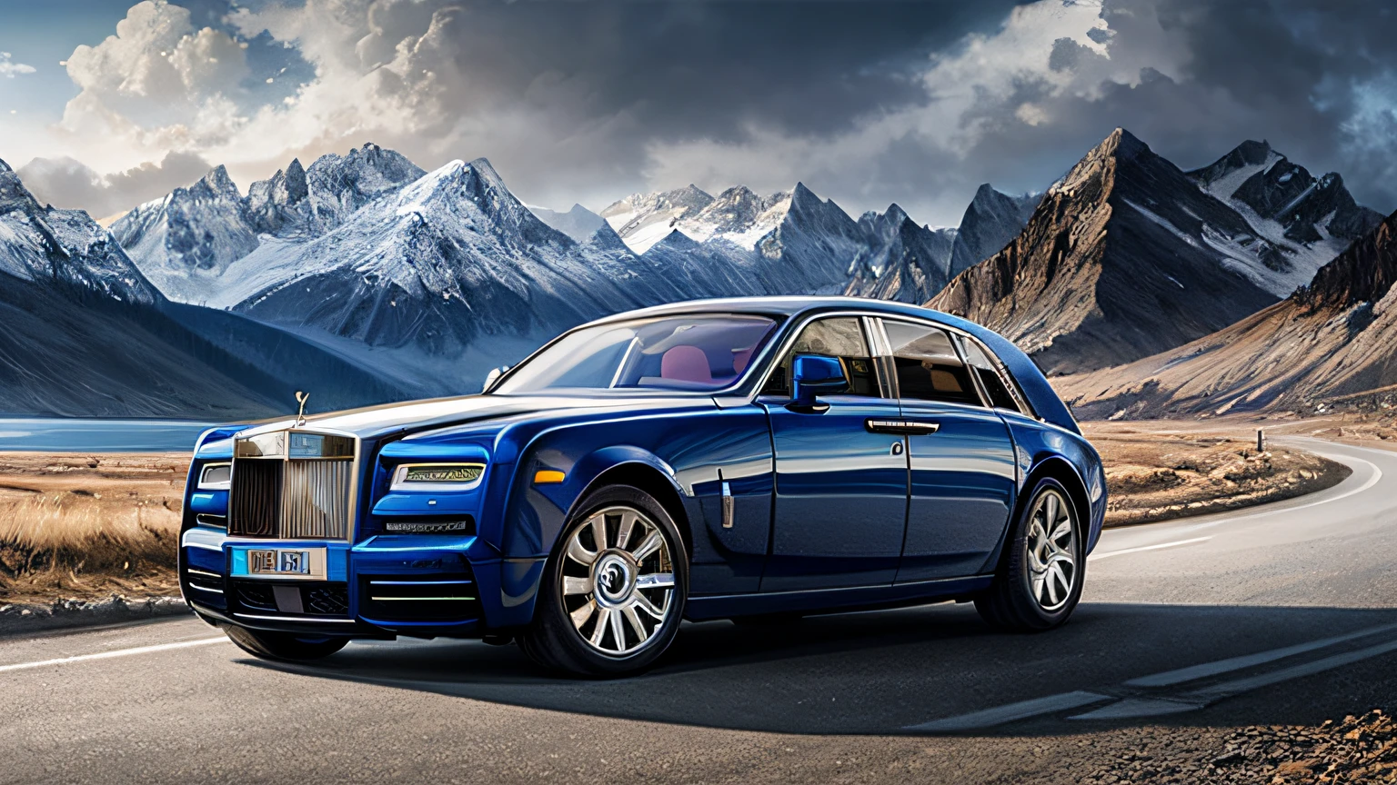 Masterpiece Rolls-Royce Phantom, lots of detail, long time in space, against the backdrop of mountains, adventure, high detail, concept art, smooth, sharp, illustration, volumetric lighting, epic composition, 8k, oil painting, cgsociety