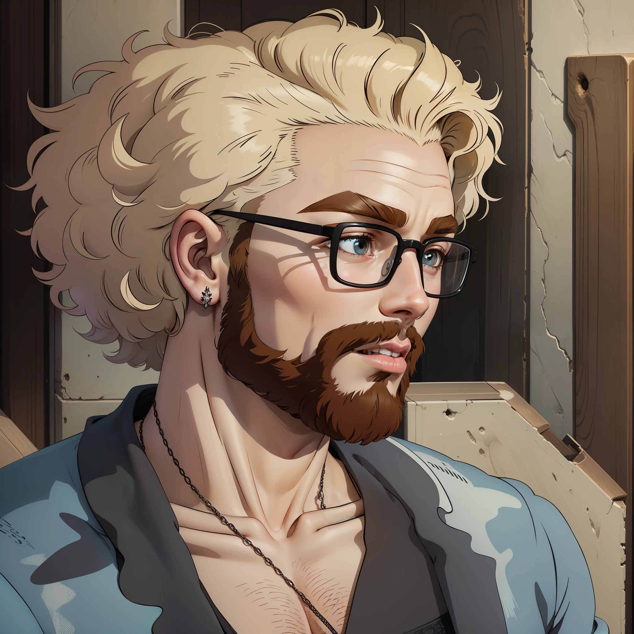 Please create a realistic image of a young adult male with the following characteristics: he is about 25 to 30 years old and is of white ethnicity. Her hair is light brown with a slight red tone and has a curly texture, with curls of 3b curvature. He wears wayfarer-style glasses and has a piercing on his left ear, as well as a cross-shaped earring on his left ear. His beard is short and a little thin.

As for facial features, he has a broad nose, similar to that of black people. The eyes can have the color and shape of your choice, as well as the eyebrows, which can be thick or thin. The lips can also be thick or thin, at your discretion.
