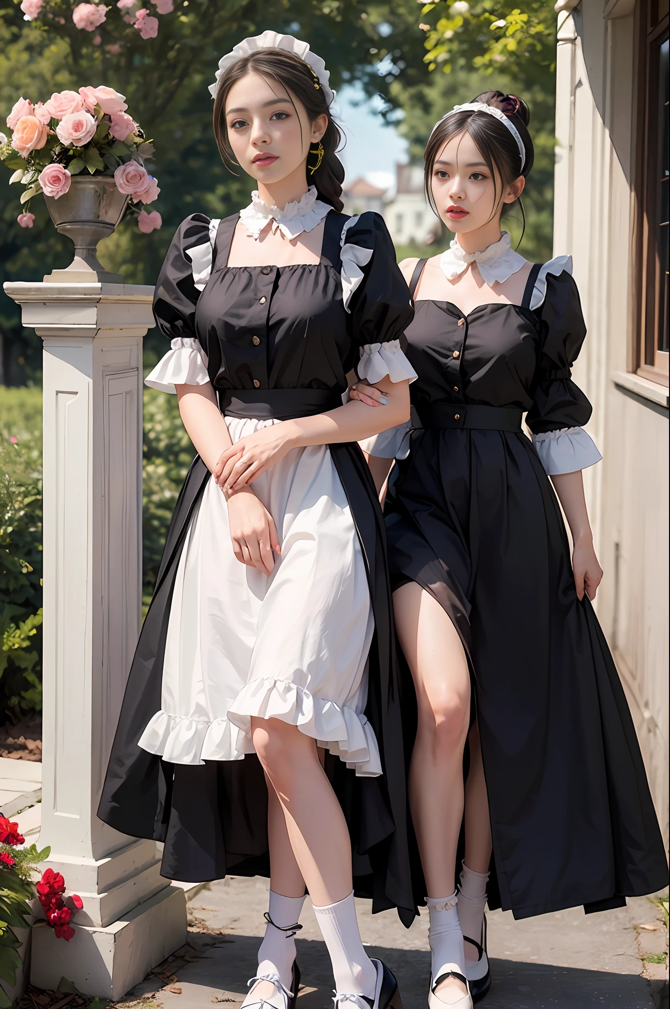 Top quality, masterpiece, ultra high resolution, (photorealism: 1.4), raw photo, 1 girl, British maid, ruffled maid headband, ponytail, braided hair, ruffled blouse, black apron dress, long skirt, puffed sleeves, white silk socks, black strap shoes, flower garden, glowing skin, polite standing with straight legs