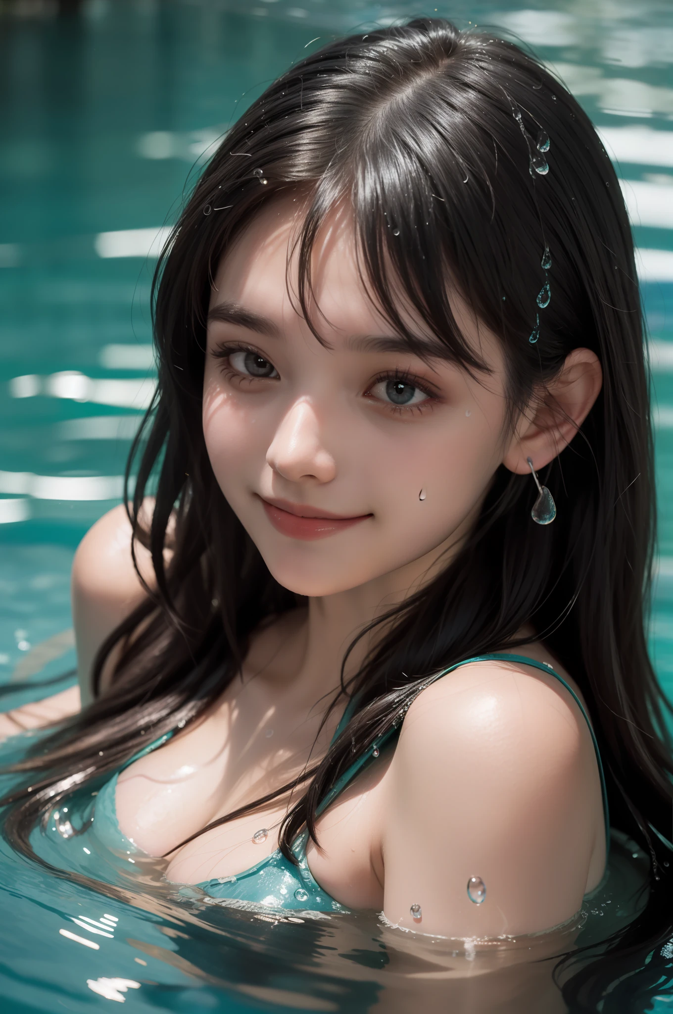 Top quality, masterpiece, cinematic lighting, girl, black hair, black eyes, daytime outdoors, smile, pool, water droplets glittering about body, floating on the surface of the water