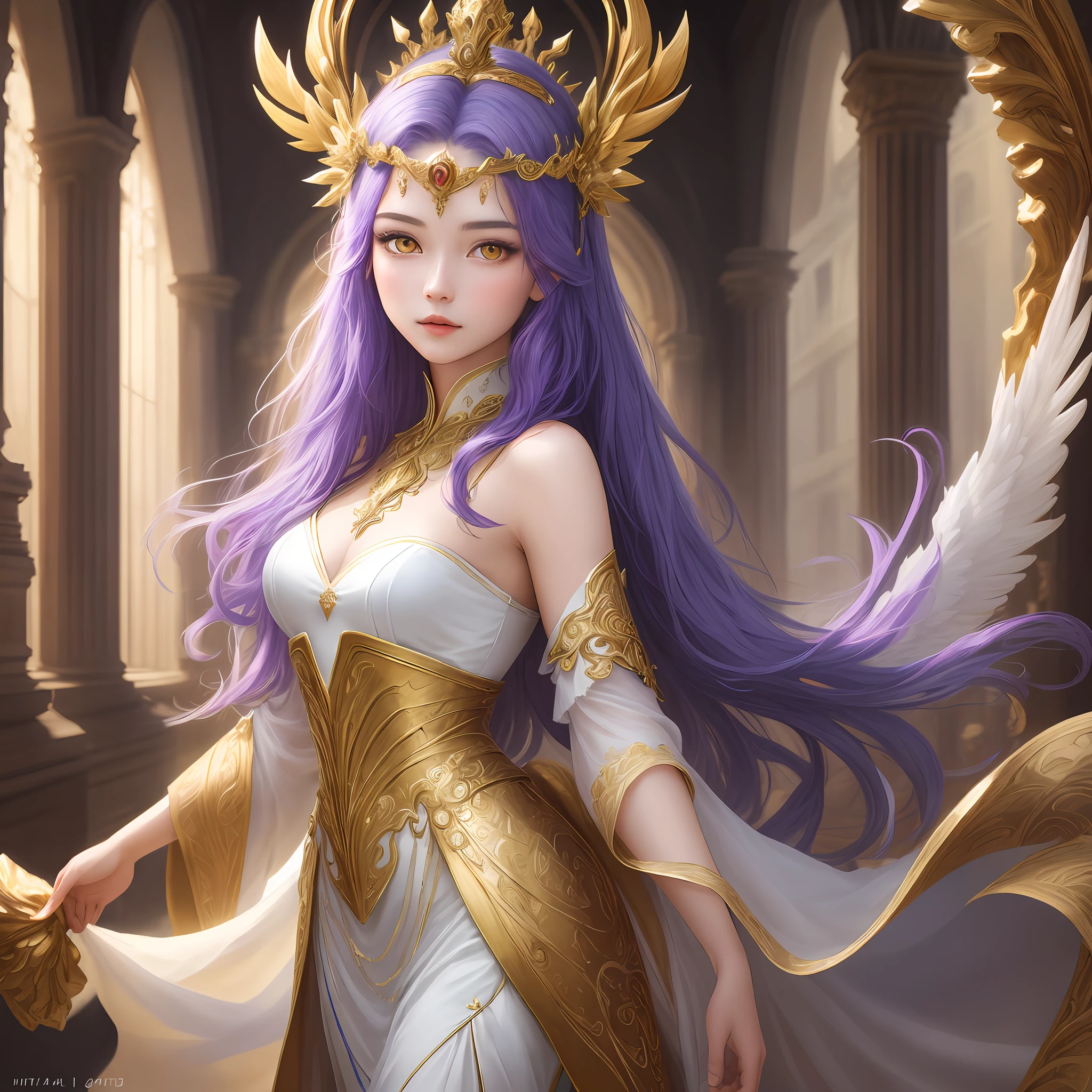 (Masterpiece - Ultra-Detailed, High-Res) Prepare to be enchanted by a true masterpiece that combines ultra-detailed artistry with high-resolution rendering. This artwork showcases a mesmerizing girl with deep blue/purple hair (1.3) and captivating light golden yellow eyes (1.2), emanating an aura of an angelic, mythical goddess - an embodiment of elegance and mystery. Flowing white fabrics adorned with gold accents, with a golden laurel crown on her head. The intricate details and lifelike textures invite you to explore every aspect of this enchanting composition. Get ready to be immersed in a world where beauty and craftsmanship merge seamlessly. (small breasts)