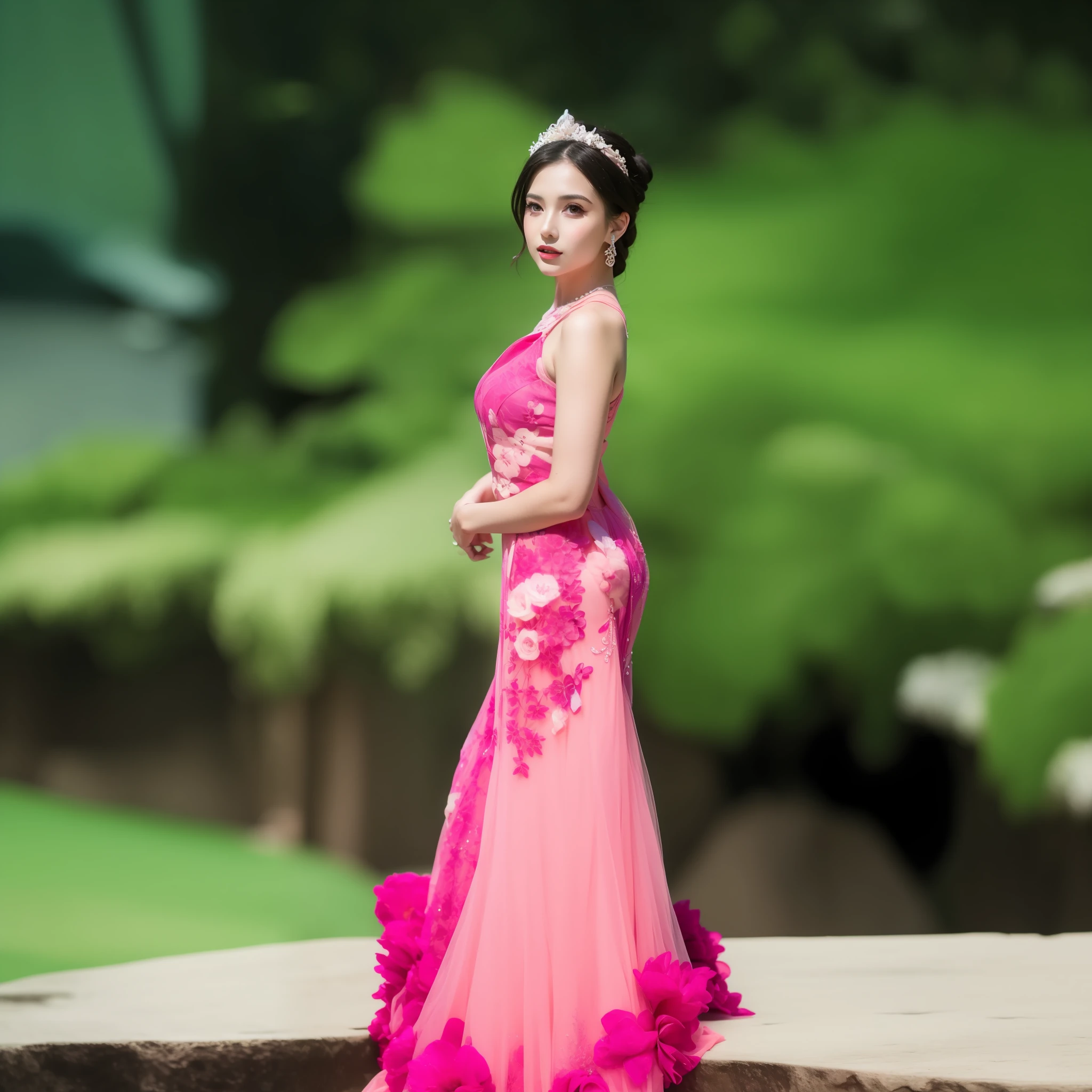 araffe woman in a pink dress standing on a stone ledge, wearing pink floral gown, wearing a pink ballroom gown, wearing an evening gown, wearing long gown, dressed in a pink dress, pink glitter mermaid gown, wearing a pink dress, modeling photography, cute elegant pose, full body photoshoot, photoshoot, royal elegant pose, wearing organza gown