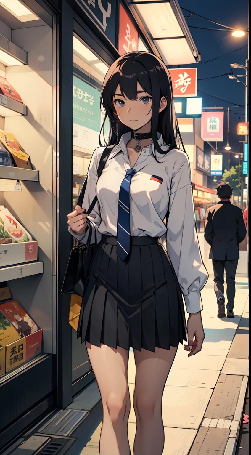1 girl, (office wear: 1.5), Japanese anime style, (evening: 1.4), (standing in front of the store: 1.5), long-sleeved shirt with collar, long black hair, pleated skirt, butterfly flower tie