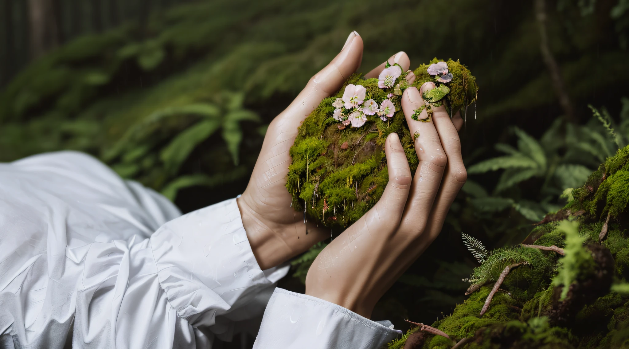 the hands is covered with a lot of moss, the background of the forest, the rain