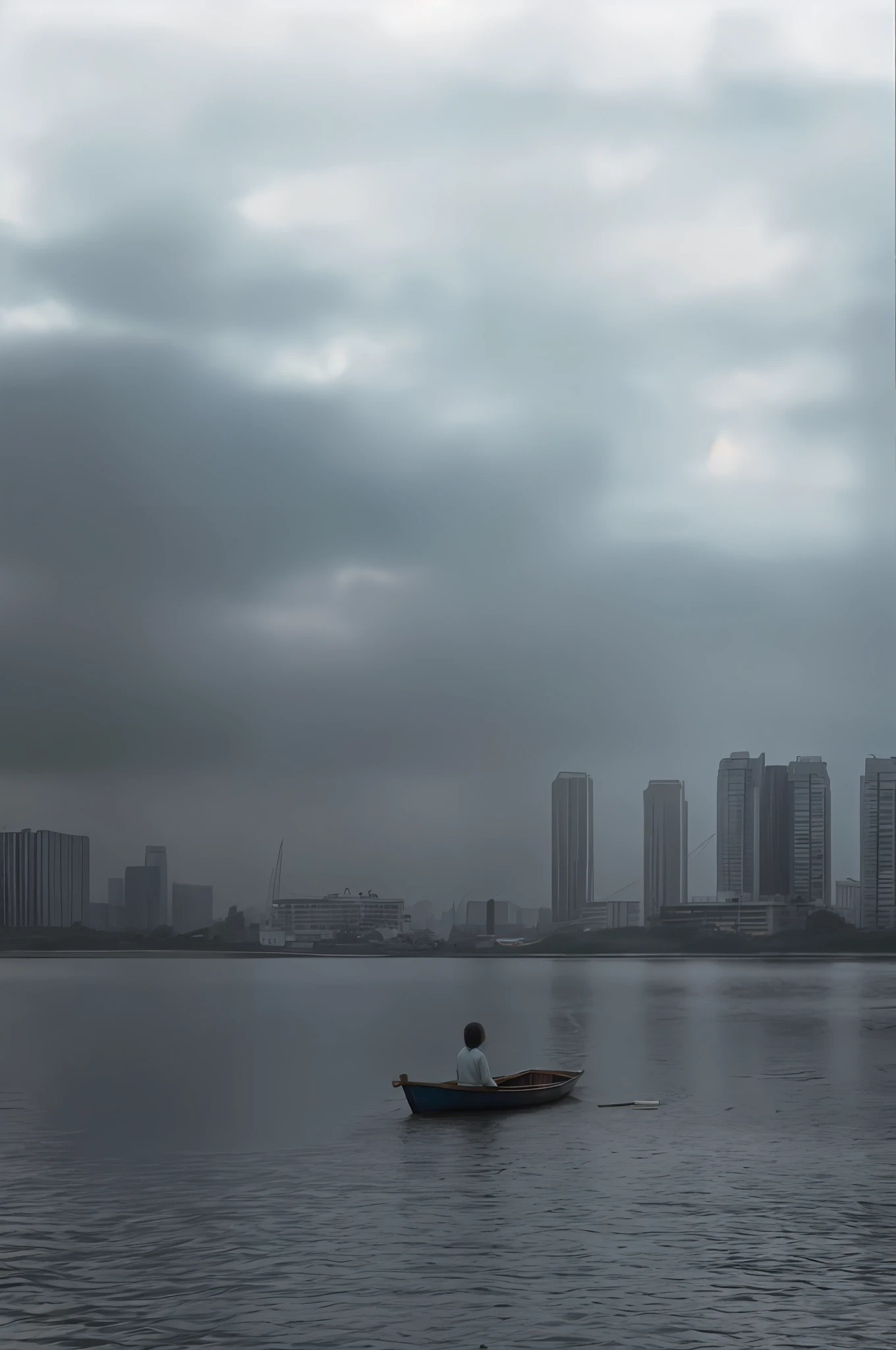 there is a small boat floating in the water with a city in the background, serene overcast atmosphere, visible sky and humid atmosphere, under a gray foggy sky, taken with canon 5d mk4, inspired by Zhang Kechun, dark overcast weather, taken with sony a7r camera, gloomy foggy atmosphere, taken with canon eos 5 d mark iv, slight overcast weather