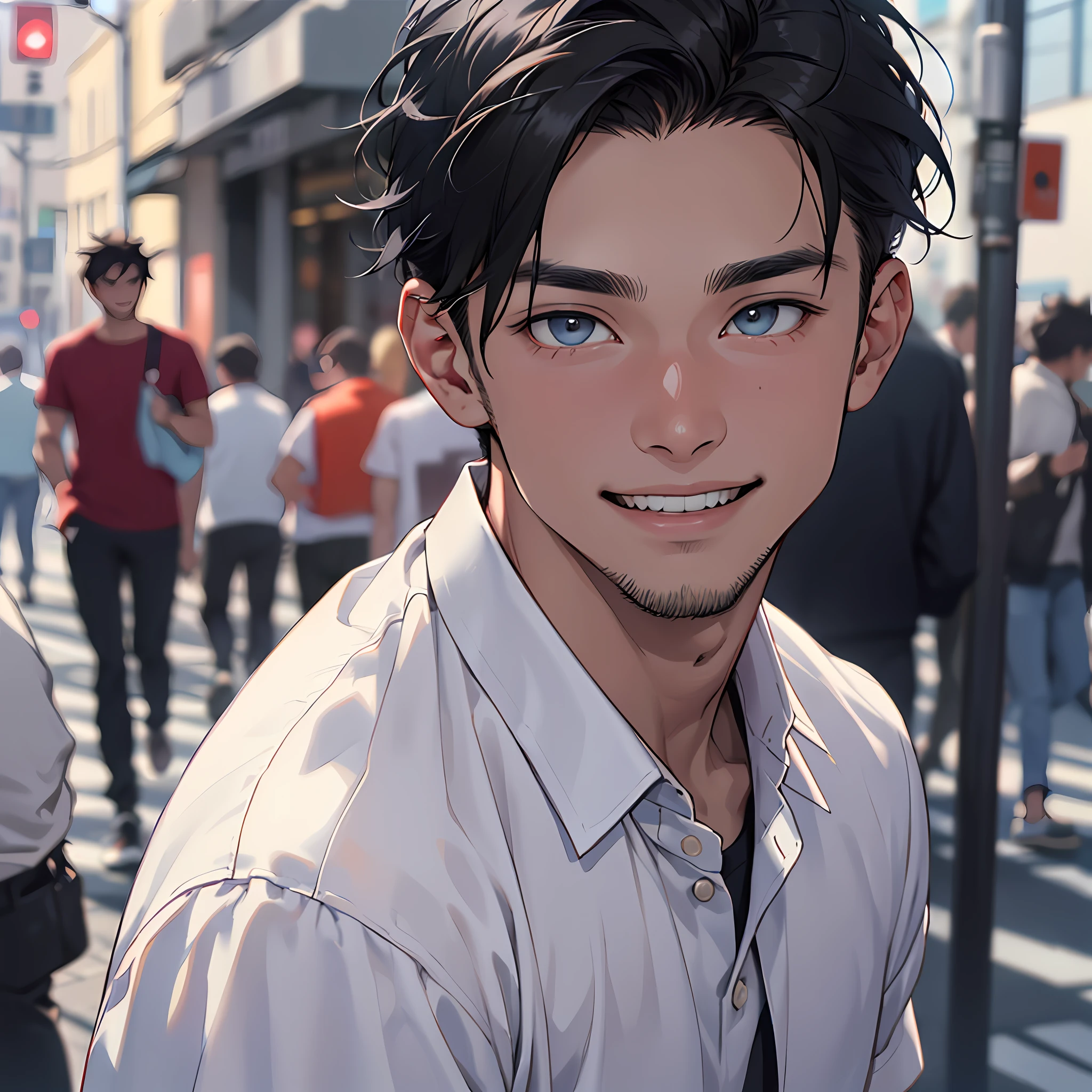 ( A 30-year-old young man in a white shirt and short black hair standing on the street: 1.5 ) ( Young men, single: 1.8 ) ( Face close-up: 1.8 ) (Front display: 1.6)( Happy expression on face, eyes narrowed: 1.8 ) ( Masterpiece, Masterpiece: 1.5 )