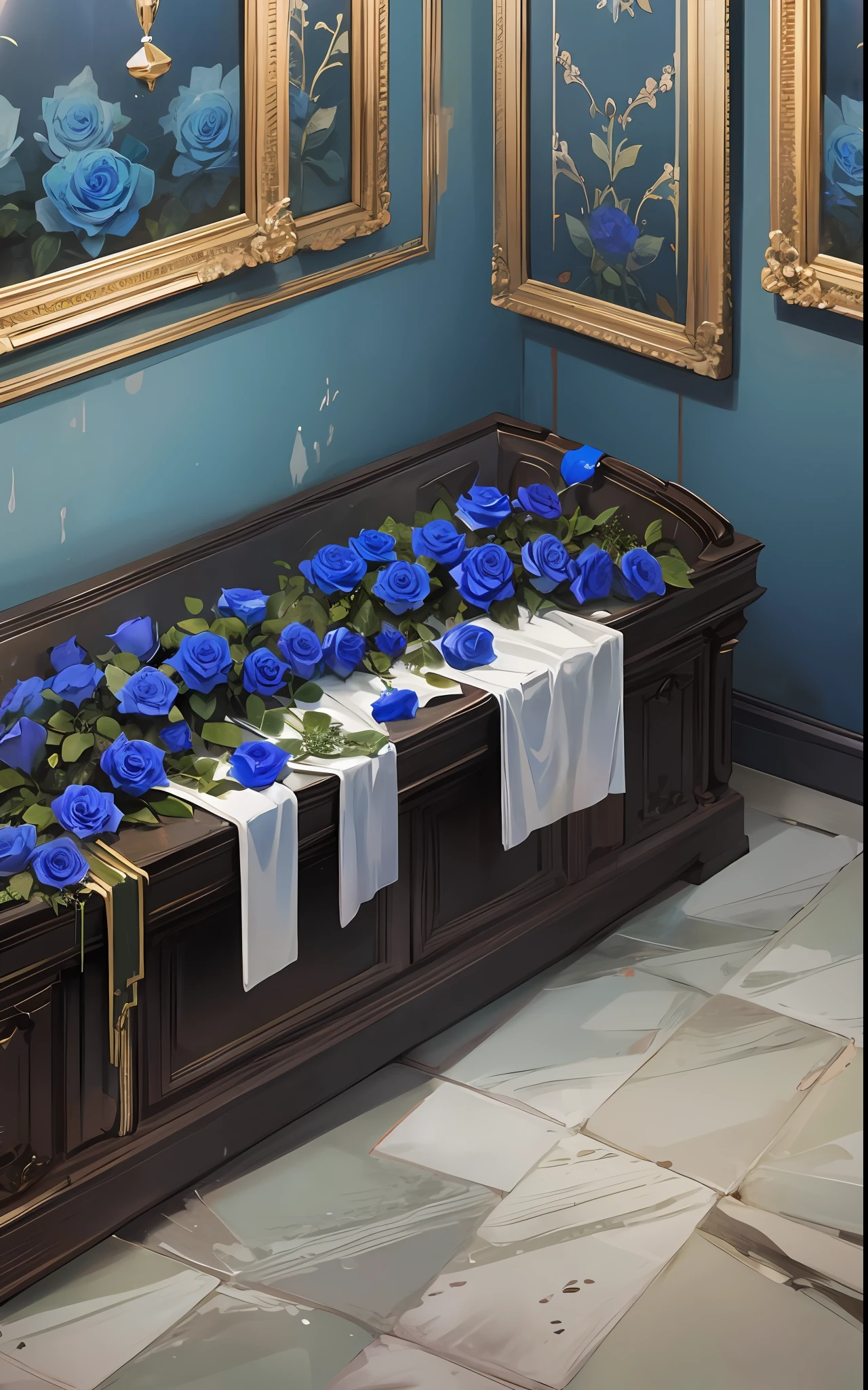 black coffin wallpaper, blue roses around