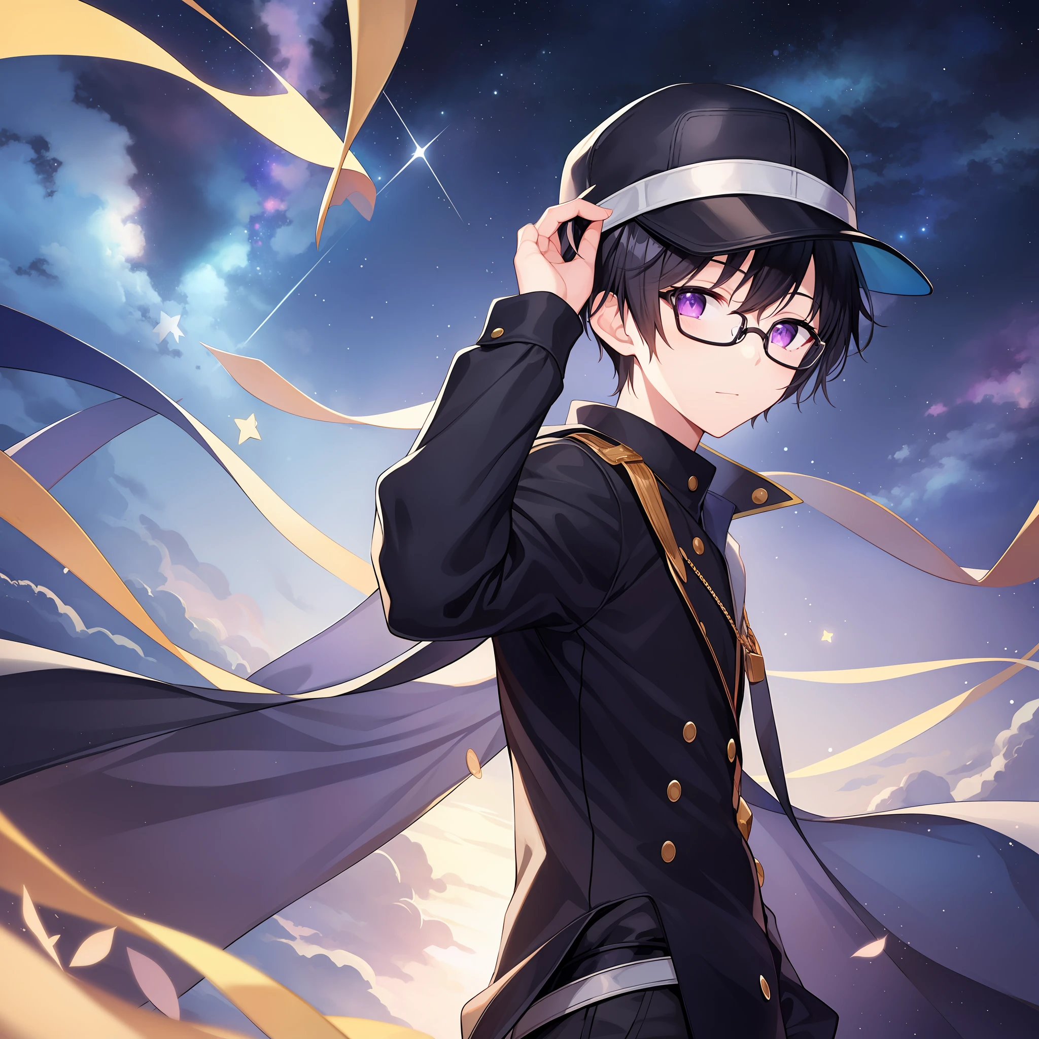 masterpiece, high quality,1 boy, glasses, black hair, purple eyes, black clothes, cap, visor, hand on head, starry sky background,