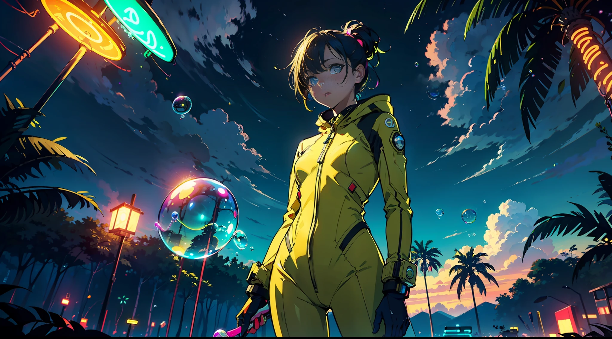 hd masterpiece, one standing woman space cadet looking at camera, detailed face, mid shot, golden suit, ((colorful clouds)) and (((neon soap bubbles))), jungles background
