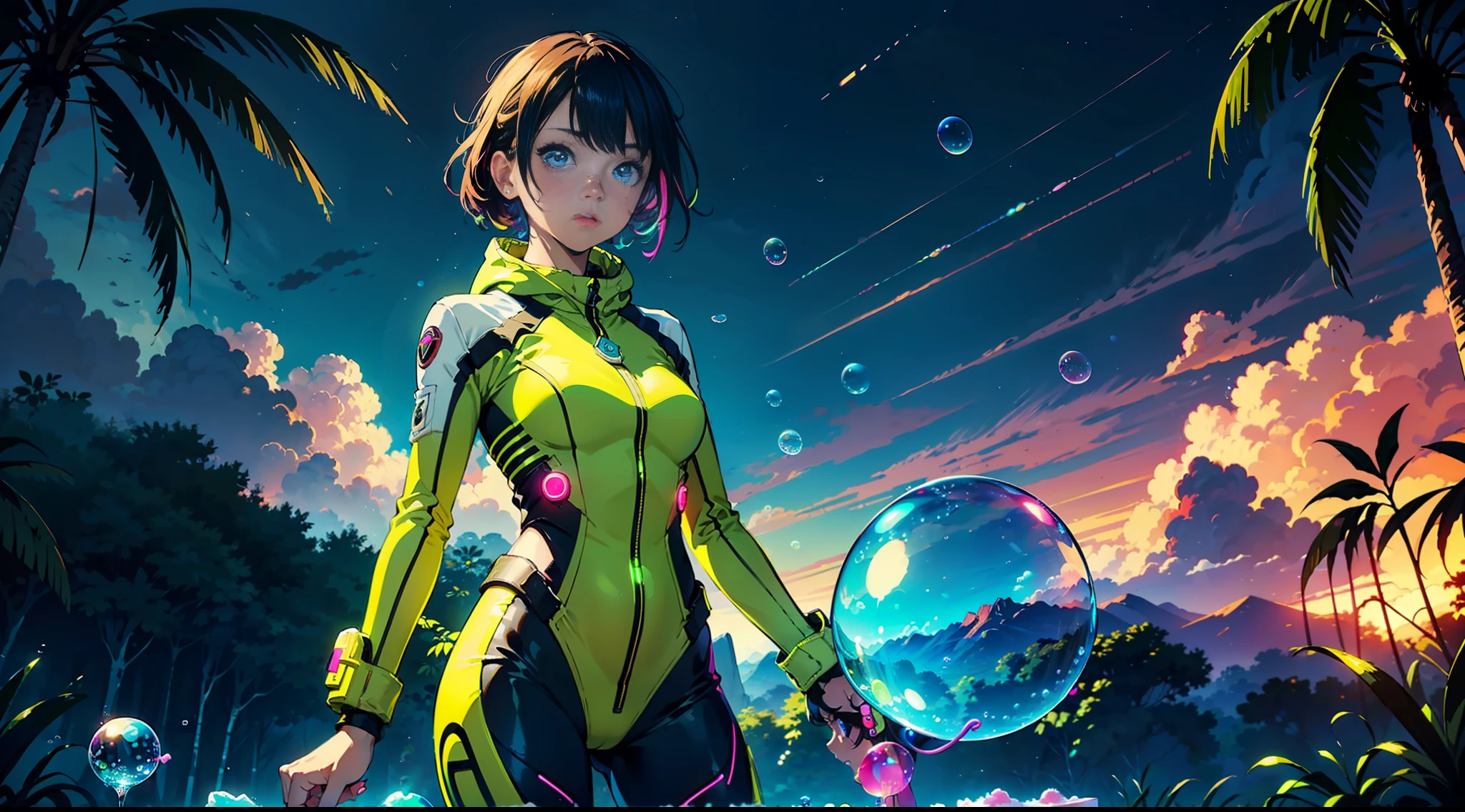 hd masterpiece, one standing woman space cadet looking at camera, detailed face, mid shot, golden suit, ((colorful clouds)) and (((neon soap bubbles))), jungles background