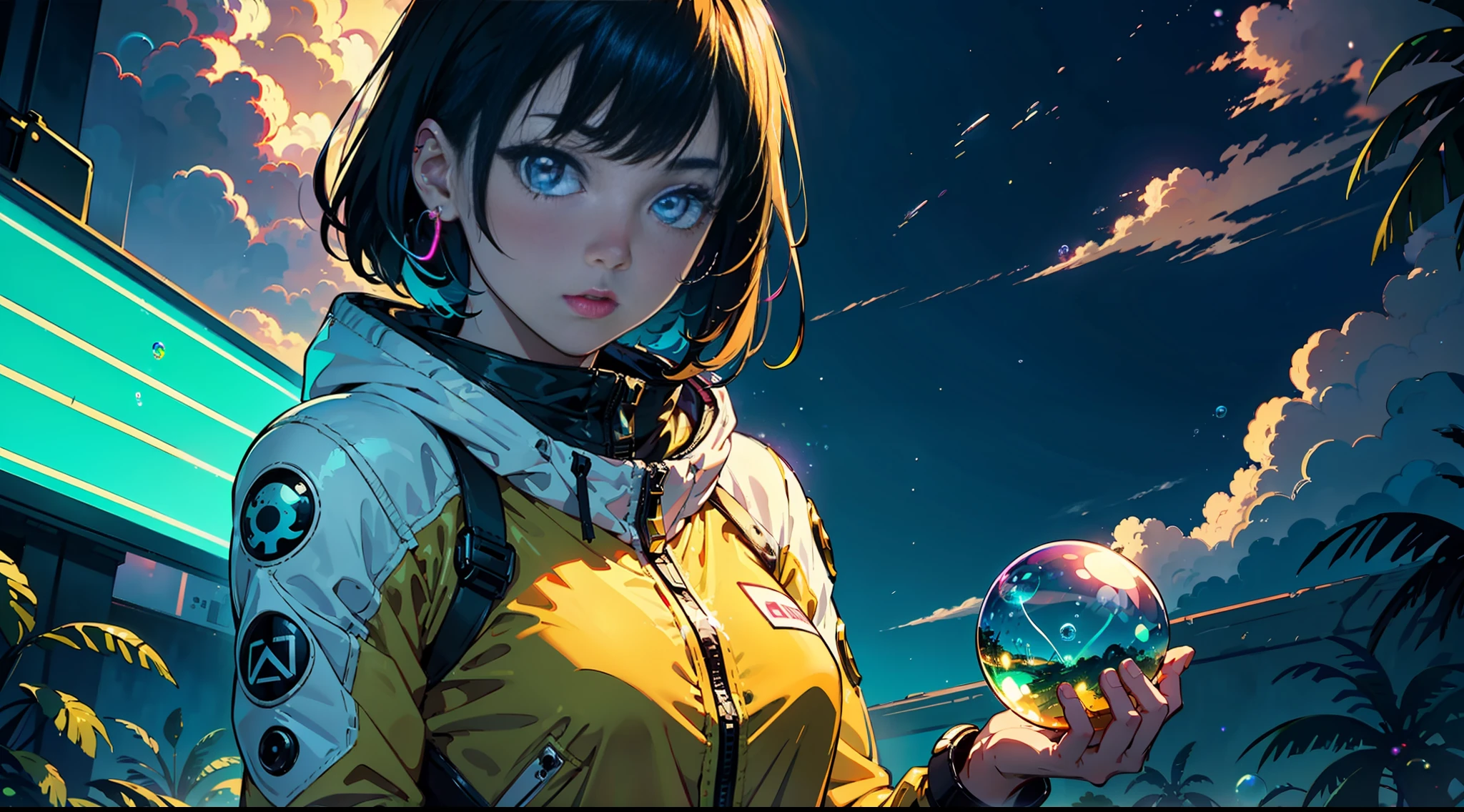 hd masterpiece, one standing woman space cadet looking at camera, detailed face, mid shot, golden suit, ((colorful clouds)) and (((neon soap bubbles))), jungles background