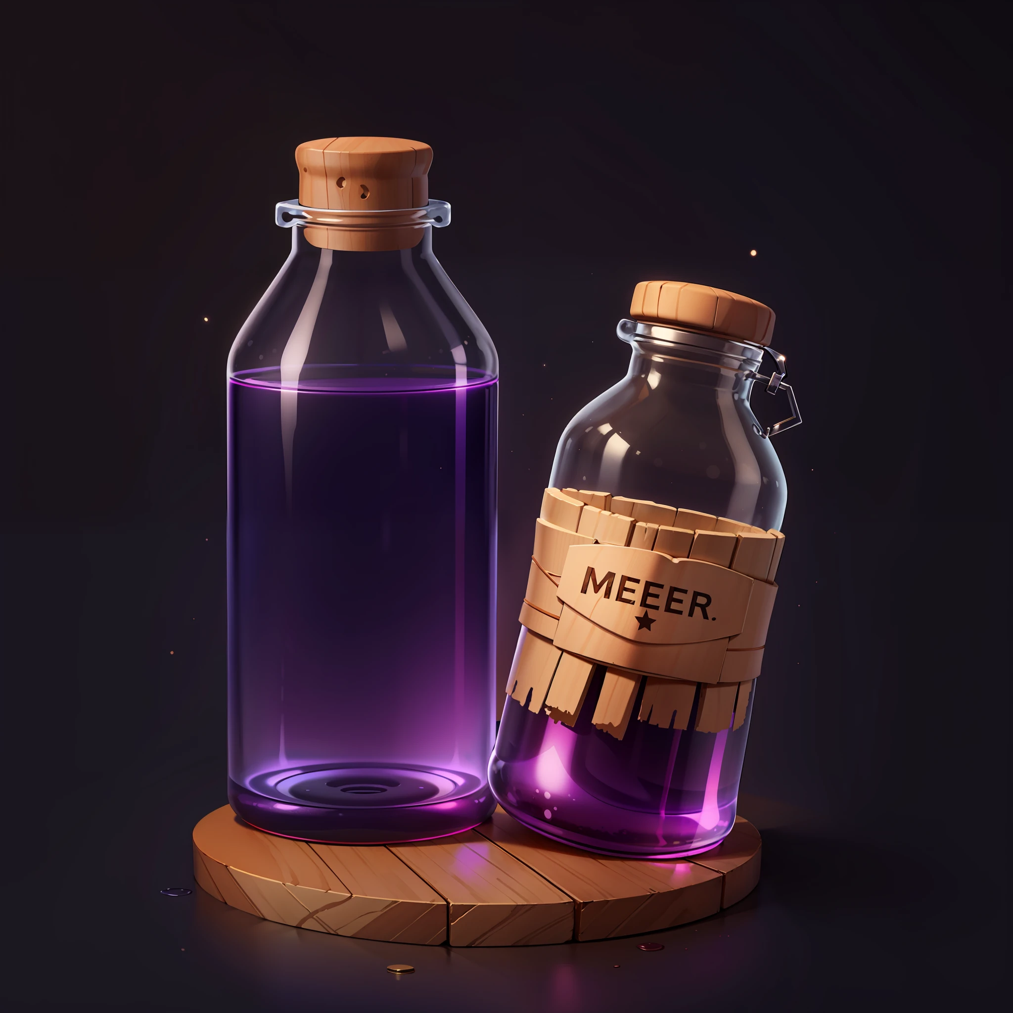 icon of red potion in glass bottle, wooden cap, dark background, gradient background