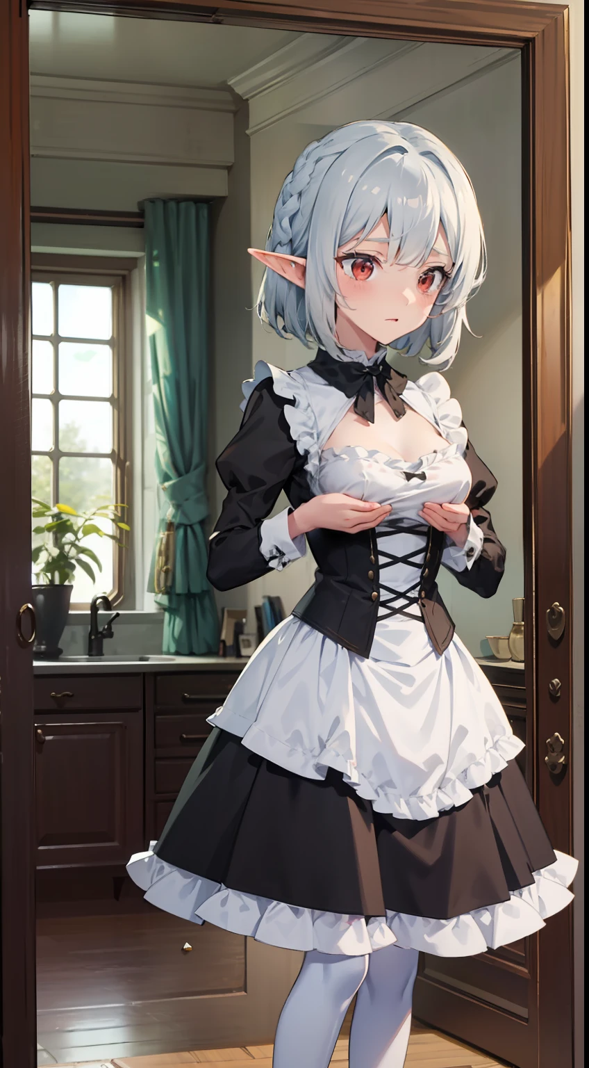 ((Put your hands on your chest)), (surprised)), (Red face), Full body of one girl, Elf, Silver hair, Red eyes, Braid hair, Bob cut, Gothic ****ta, Dress, Ruffles, Indoors, Mirror, TS, Concept art, Beautiful anime scene, Beautiful anime scenery, Best quality, Masterpiece, 4K