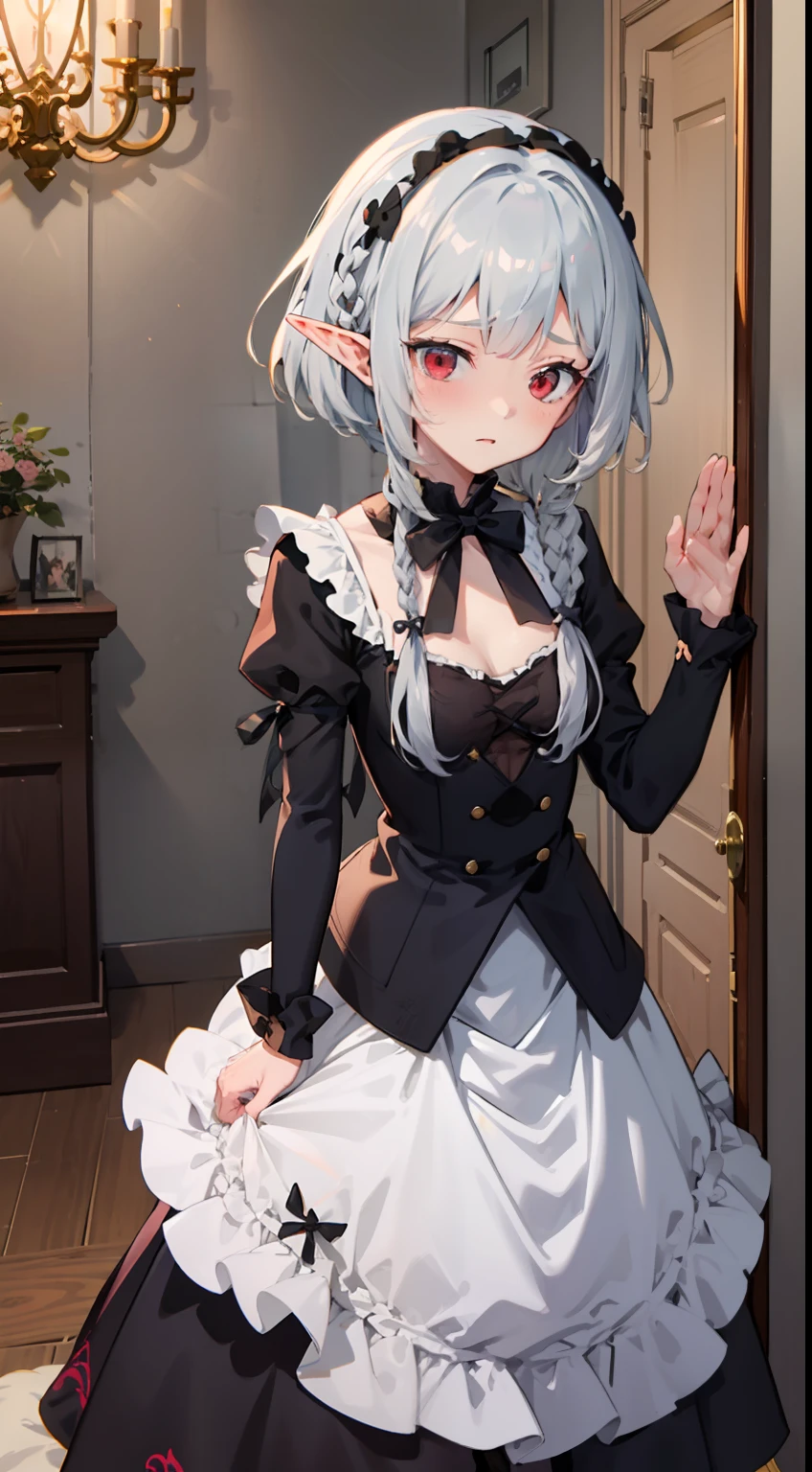 ((Put your hands on your chest)), (surprised)), (Red face), Full body of one girl, Elf, Silver hair, Red eyes, Braid hair, Bob cut, Gothic ****ta, Dress, Ruffles, Indoors, Mirror, TS, Concept art, Beautiful anime scene, Beautiful anime scenery, Best quality, Masterpiece, 4K