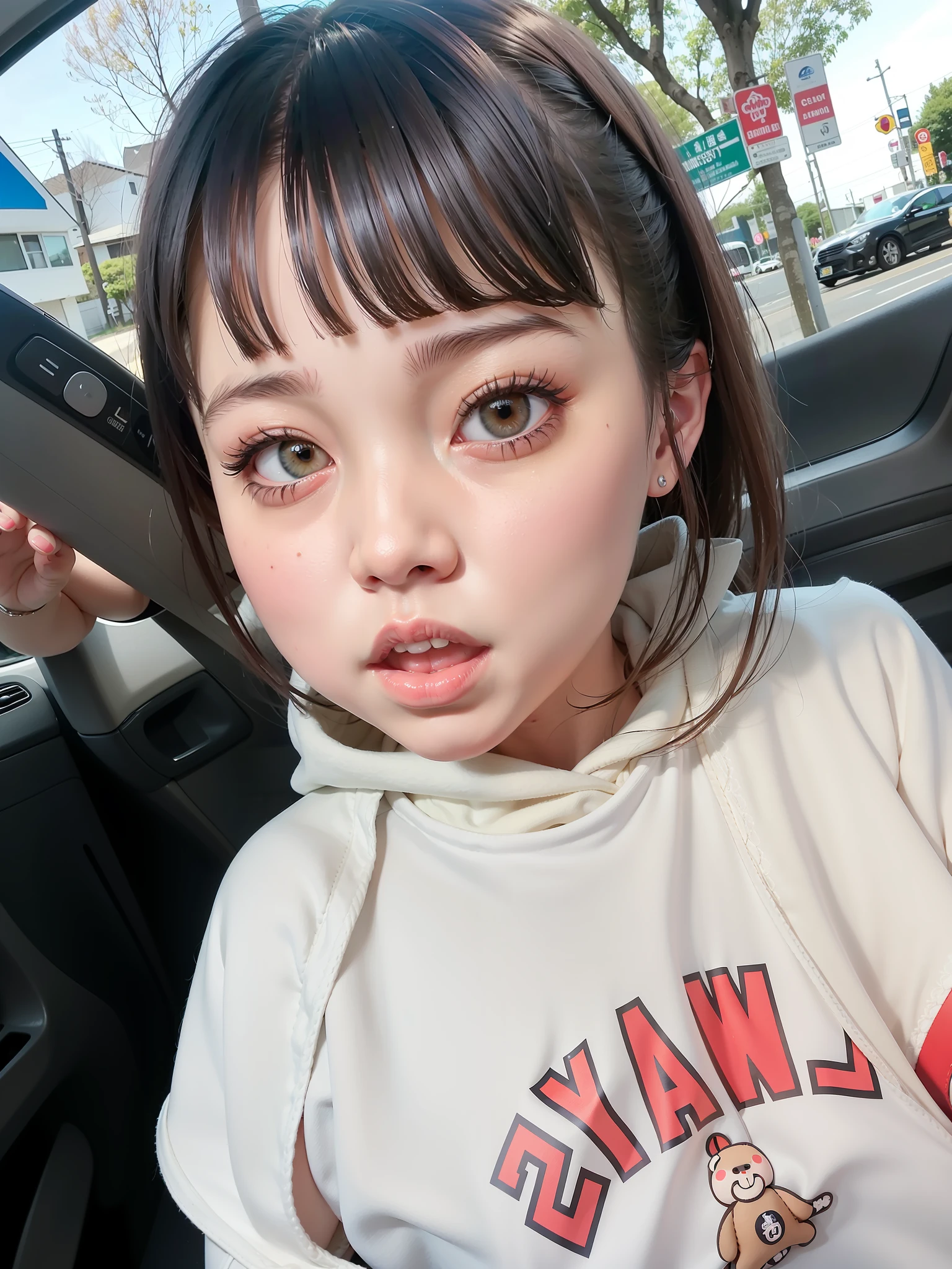 there is a  sitting in the back seat of a car, young cute wan asian face, young cute face, she has a cute face, wan adorable korean face, young adorable korean face, cute kawaii girl, cute young girl, she has a cute expressive face, girl cute-fine-face, cute little girl