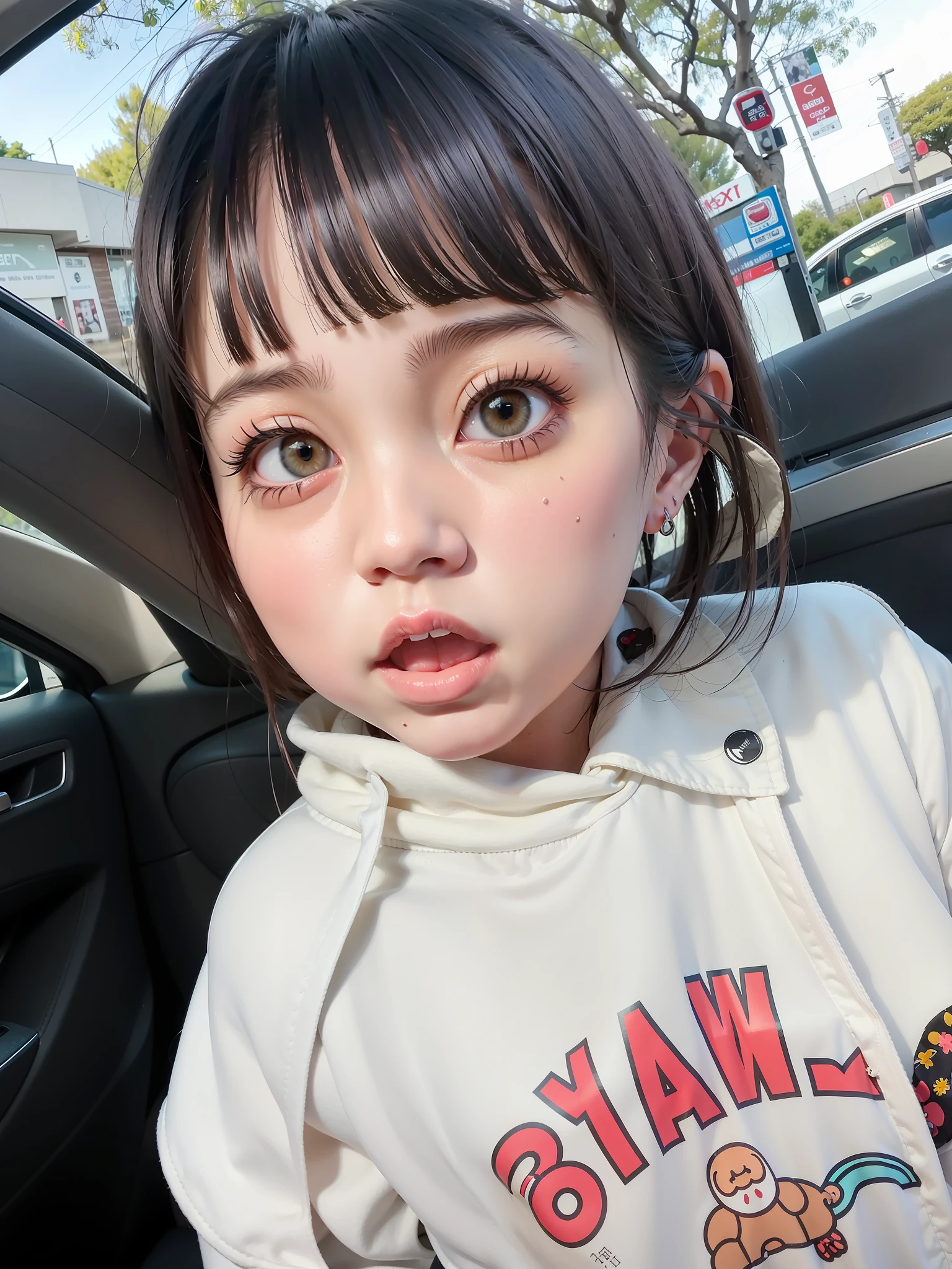 there is a sitting in the back seat of a car, young cute wan asian face, young cute face, she has a cute face, wan adorable korean face, young adorable korean face, cute kawaii girl, cute young girl, she has a cute expressive face, girl cute-fine-face, cute little girl