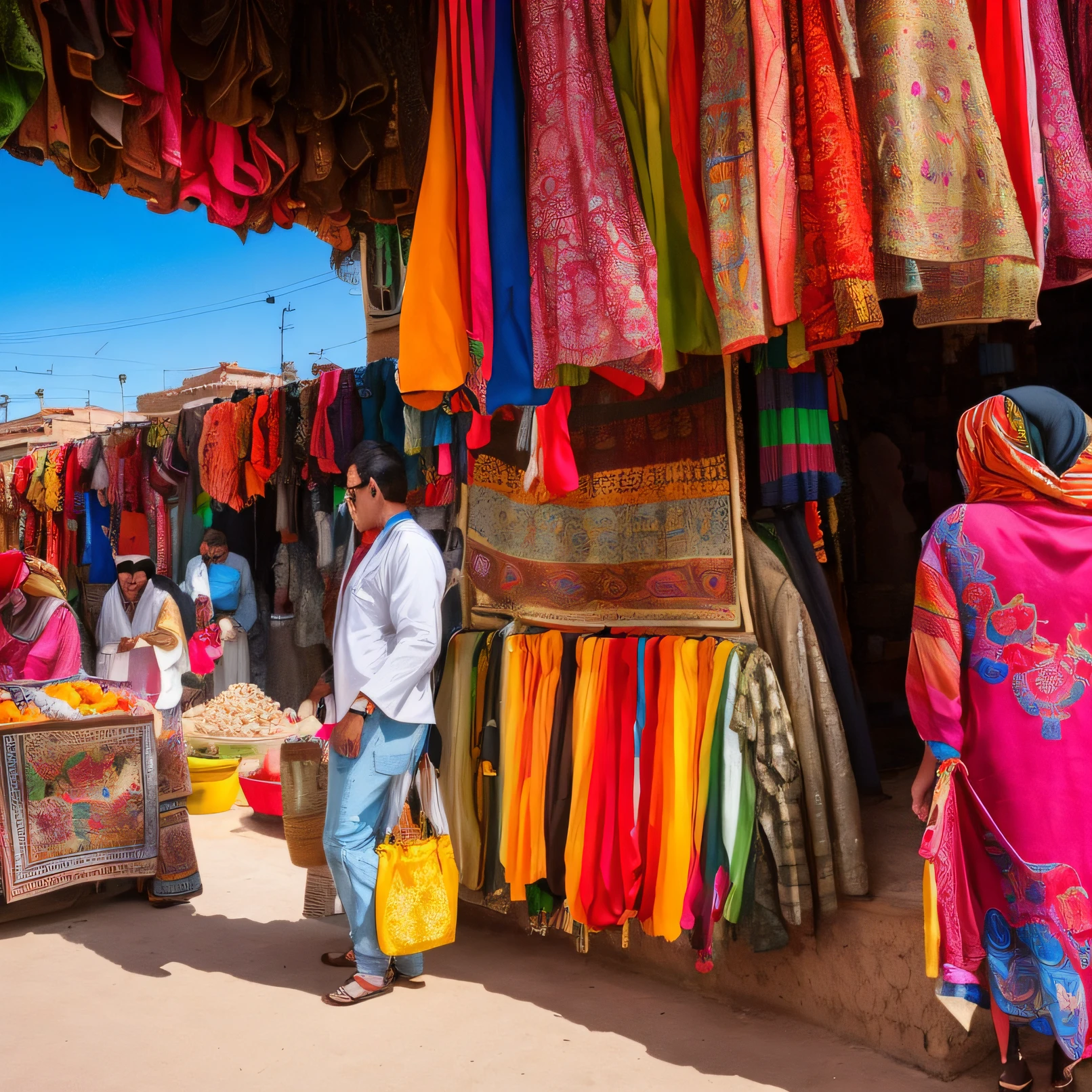 people are shopping at a market with colorful fabrics and bags, colored market stand, colourful clothing, the vibrant echoes of the market, colorful clothing, vibrant vivid colors, details and vivid colors, colourful clothes, vibrant and vivid color, vivid vibrant colors, inside an arabian market bazaar, colorful clothes, colorful robes, vibrant colours, marrakech, vendors, vibrant hues, vibrant contrast