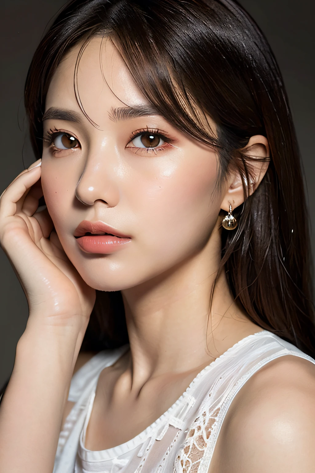 8k, Best Quality, Masterpiece, Ultra High Resolution: 1.2, RAW Photo), (Super Realistic, Detailed Realistic, Photo Realistic: 1.6), Photo Beautiful Japanese Doll, 1 Girl, Solo, Beautiful Doll, Long Hair, (Bangs), Brown Hair, Double Eyelids, Black Eyes, Cosmetic Contact Lenses, Big Eyes, Perfect Anatomy, Golden Ratio, Detailed Beautiful Face, Solid Round Eyes, (Perfect Eyes, Detailed Eyes, Detailed Eyelashes), (Detailed Facial Features), Beautiful and clear eyes, details eye pupils, aquiline nose, lip gloss, lips, cheeks, blush, beautiful makeup, fair skin, shiny skin, slender body, thin thighs, narrow waist, beautiful hands, white vest, vest, bra, spaghetti strap, shoulders, front