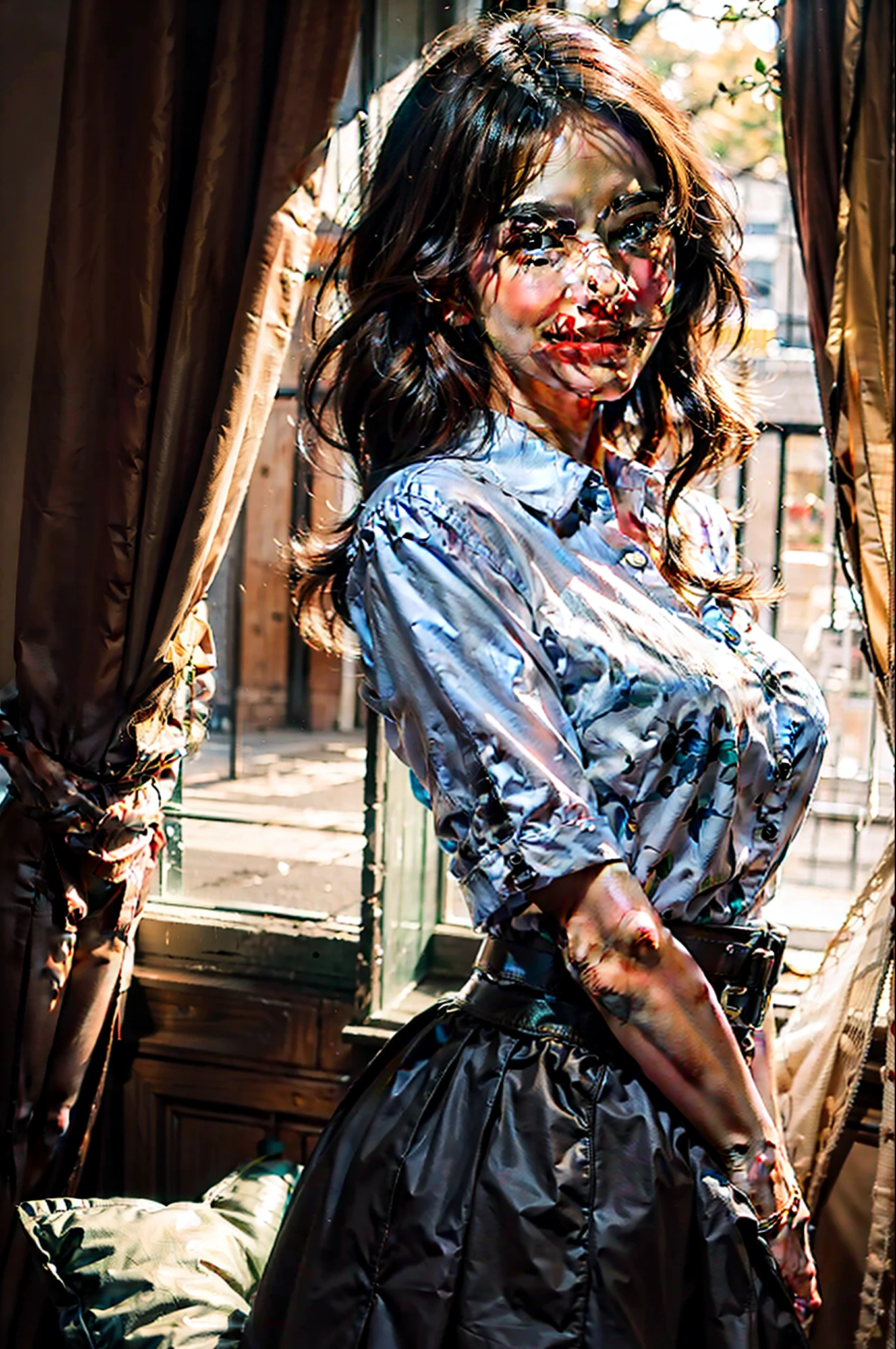 best quality, masterpiece, (photorealistic:1.4), 1girl, light smile, shirt with collars, waist up, dramatic lighting, from below, sexy pose