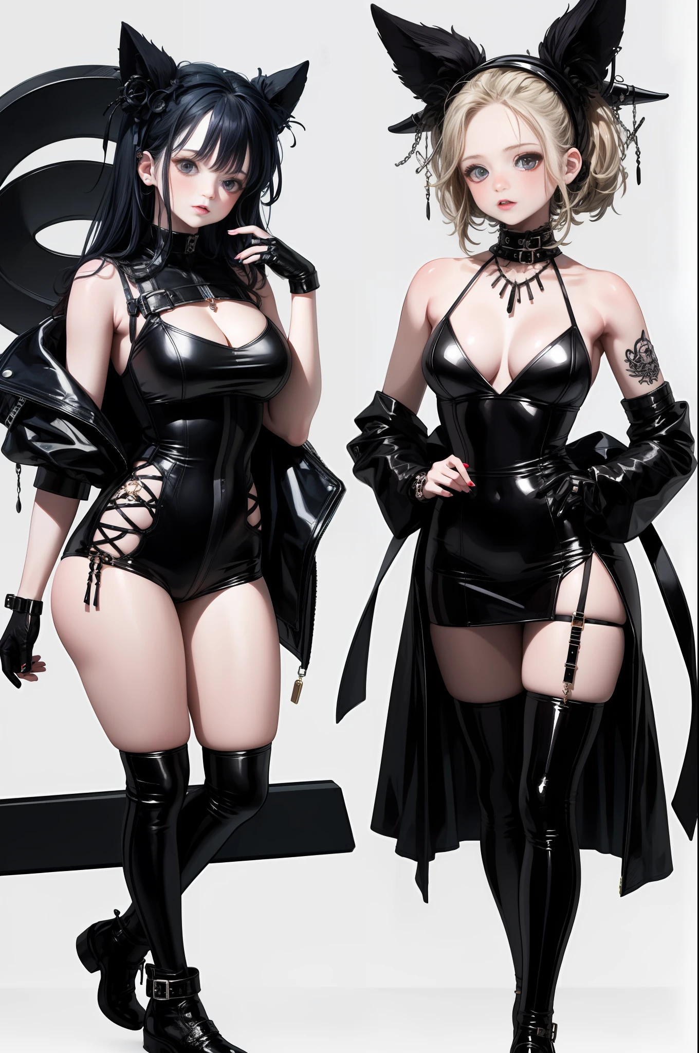 Close-up of four women in different costumes on white background, grunge style, grunge aesthetics, !!, grunge aesthetics!! (, sexy gloomy style, grunge aesthetics, grunge fashion, Y2K style, y 2 k style, punk style, this set style, gothic style, retro aesthetic, 90s style, retro look, standing, black leather, a girl sexy, tall, a girl cute, a girl life splash