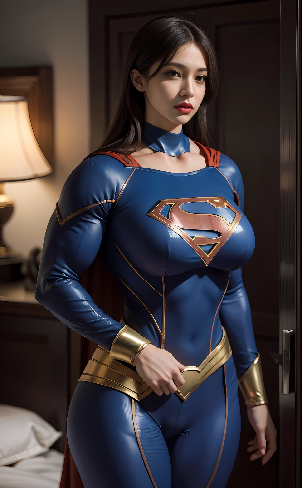 Full Body, 1girl, (Perfect Body, Tall and Slim), Single, Standing, (Outdoor: 1), Sky, Focused Face, Beautiful Face, Detailed and Delicate Young Face, Supergirl, (Super Girl Set: 1.5), Jumpsuit, (Big Breasts, Big Breasts, Big Breasts: 1.3), Thigh Gap, Camel Toe, Thigh Gap,