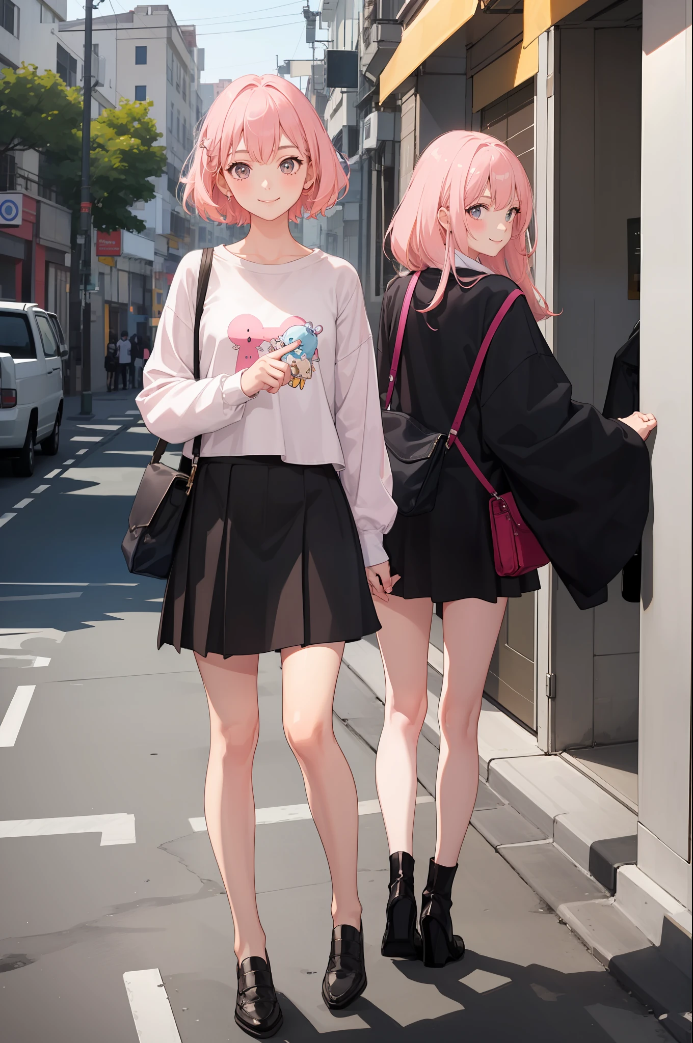 1 girl, smile, shirt, skirt, (small) chilarism, light pink hair,